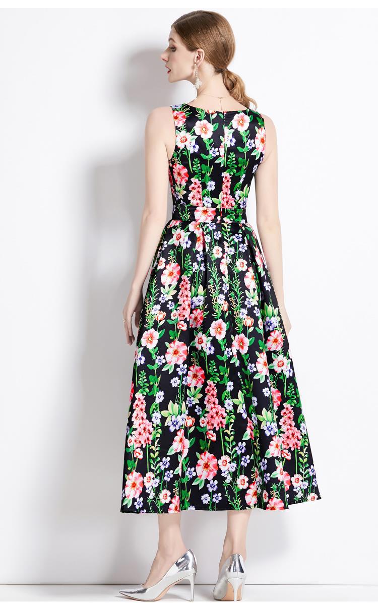 Sleeveless Boat Neck Fitted Vest Box Pleated Skirt Printed Satin Dress - 9080#701