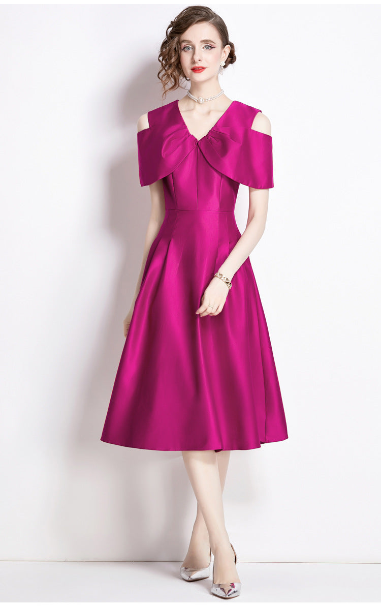 Off Shoulder V - Neck Fitted Vest Tucked Pleats Skirt Hot Pink Solid Satin Dress - NRJ-701A#1645_2