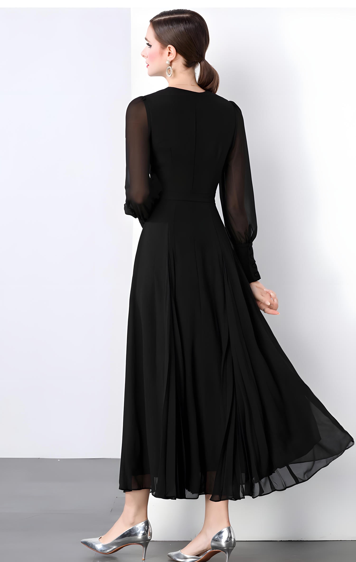 Lantern Sleeve Chiffon Dress with Pleated Bust and Box Pleat Skirt - 833900044434_BLA