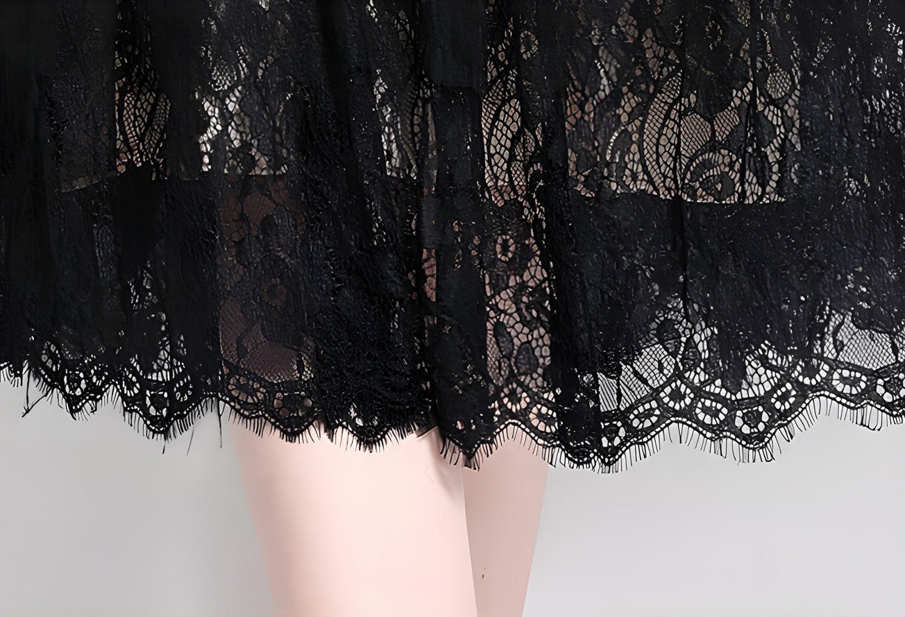 Luxury French Layered Lace Round Neck Midi Black Dress - 8993607