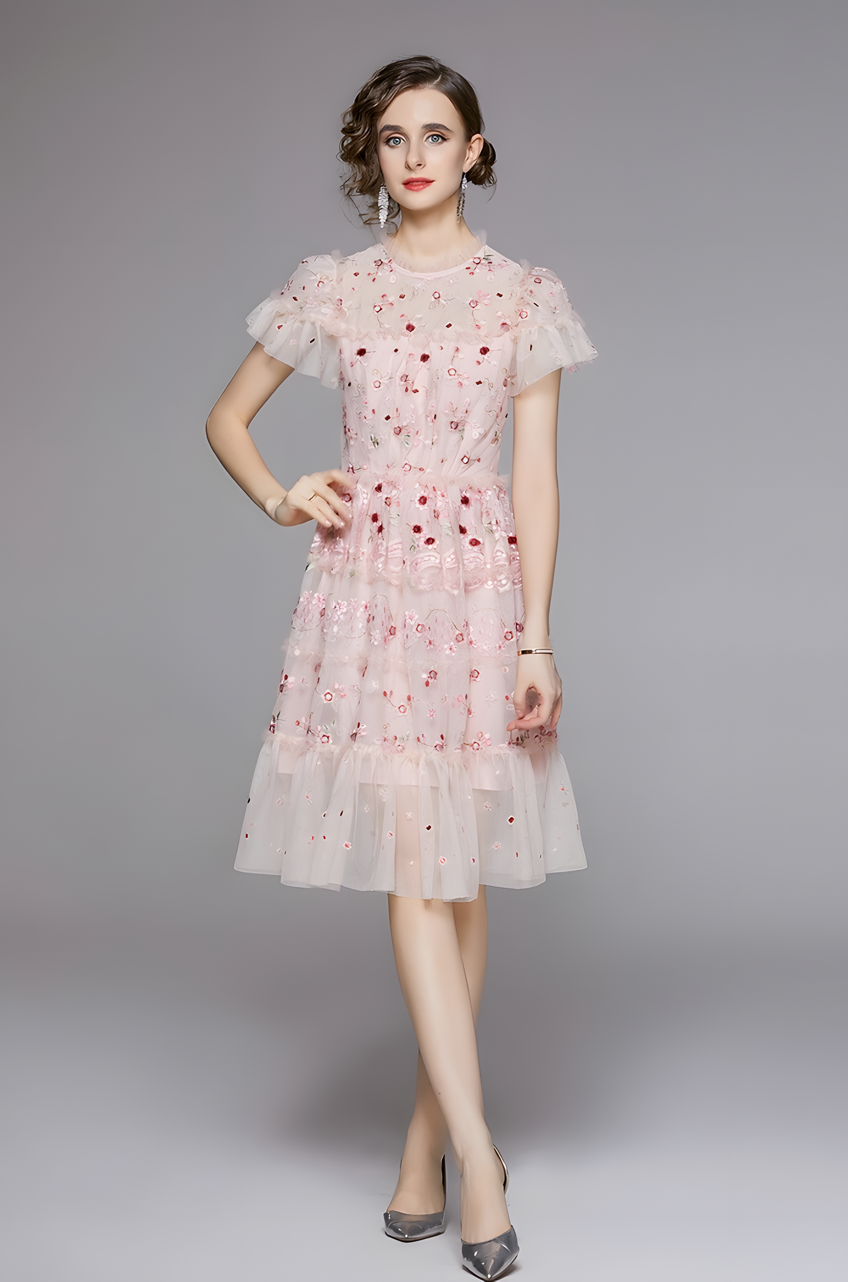 Embroidered Mesh Multitier Ruffled Skirt High Neck Pink Dress - 701166254679_BAS