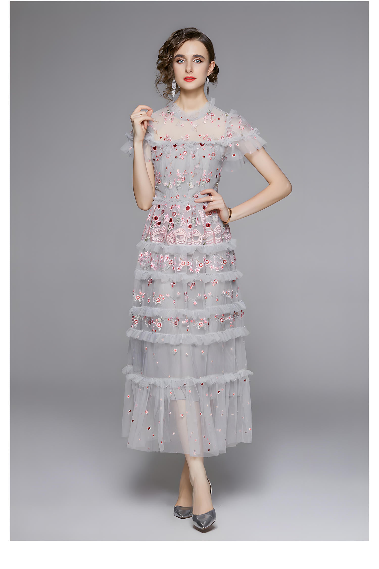 Embroidered Mesh Multitier Ruffled Skirt High Neck Long Grey Blue Dres - 700942841038_BAS