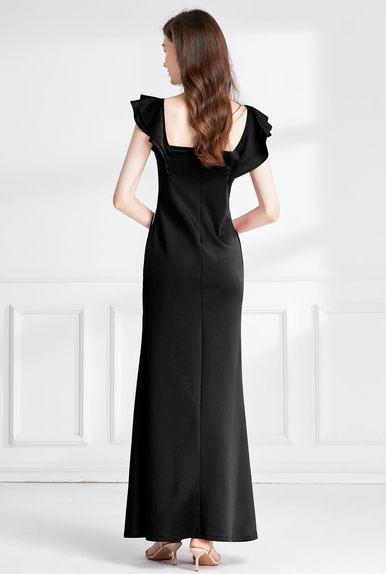 Fishtail Off-Shoulder Black Party Gown with Sheer Tulle Waist and Thigh-High Slit - 745925150055_BLA