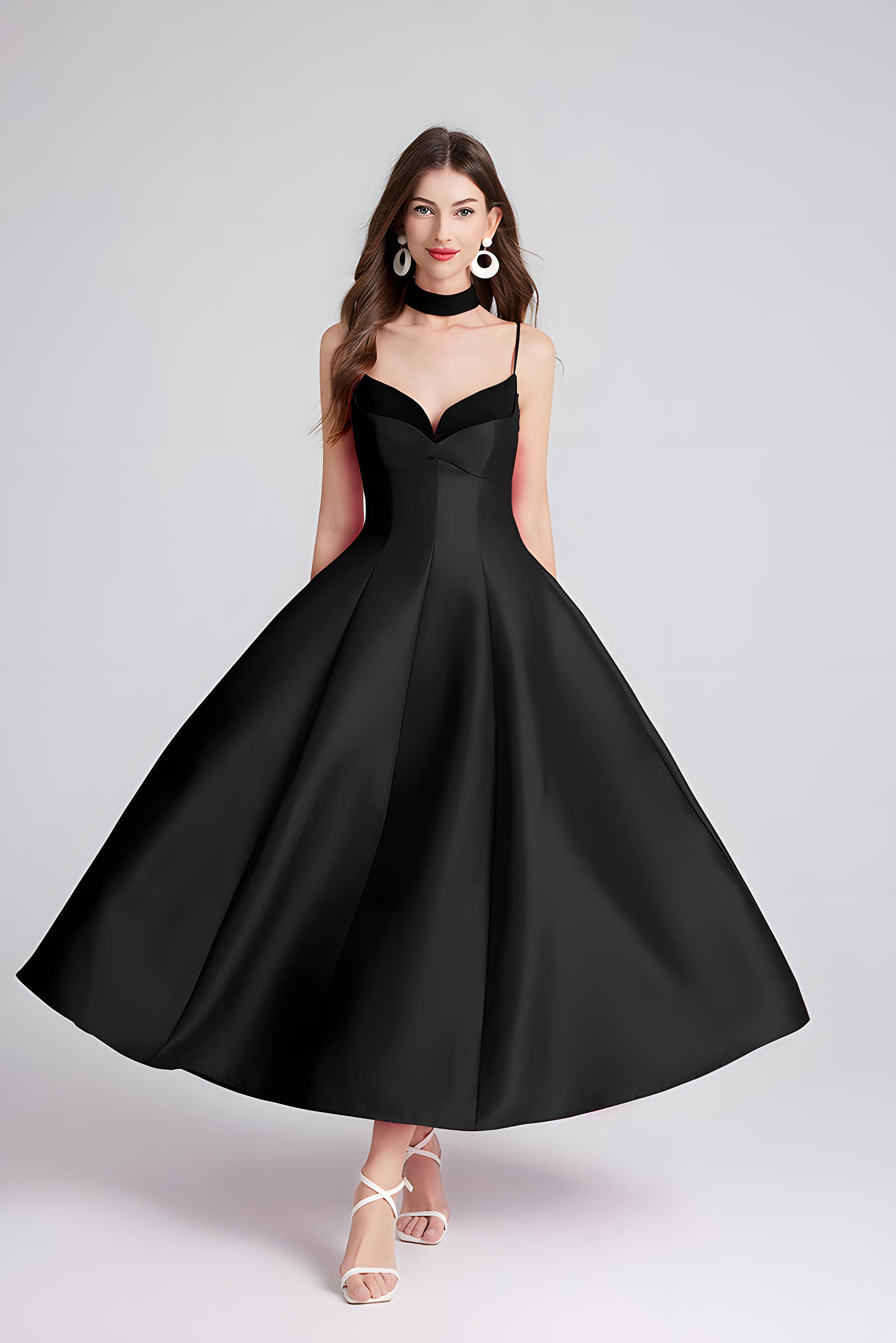 Sweetheart Neckline Black Party Satin Dress with a Hepburn-Style Skirt Fitted Bodice and Neck Band - 800116697016_BLA