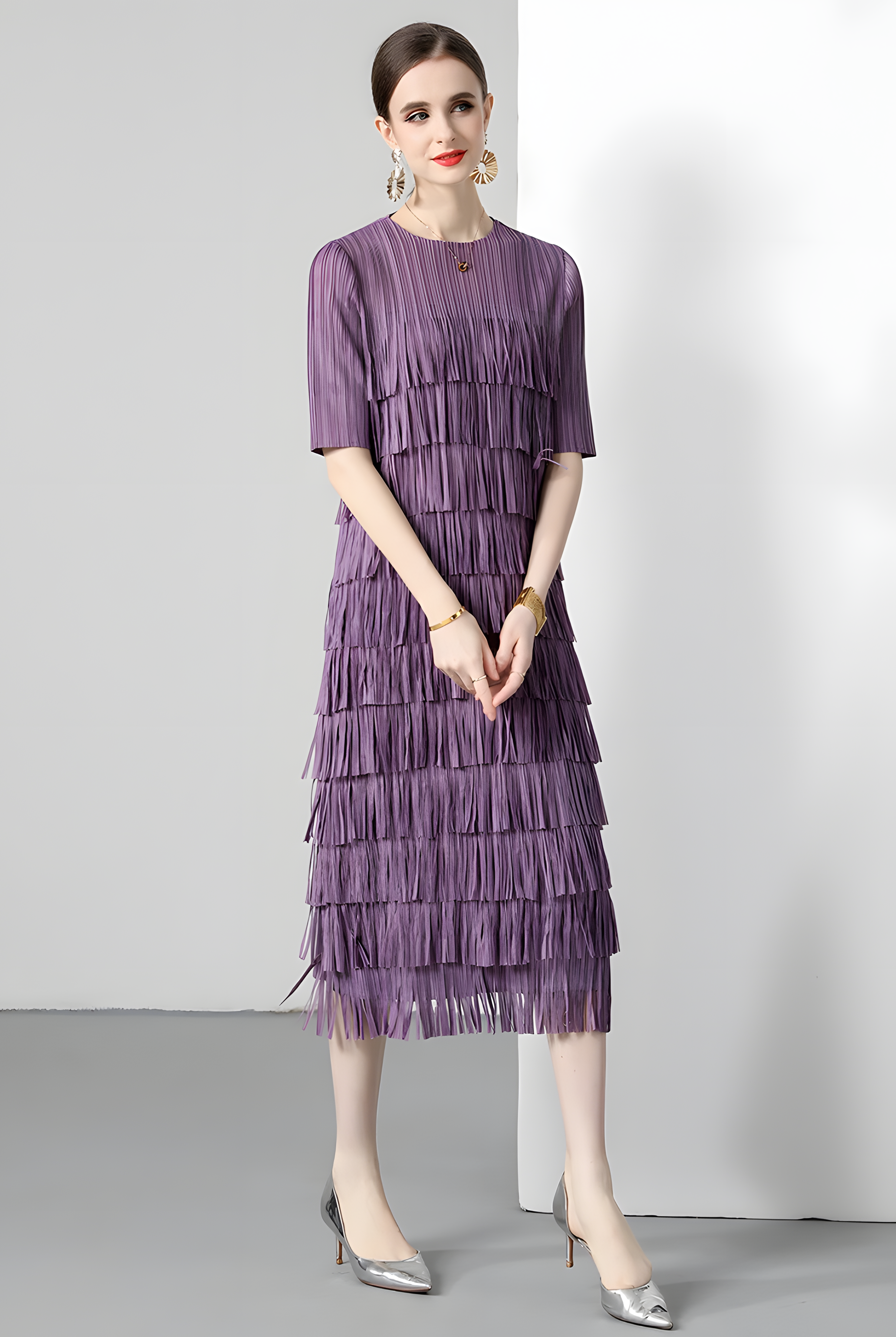 Multitier Fringe Stretchable Free Size Party Violet Dress - 764154489541_ZY_VIO