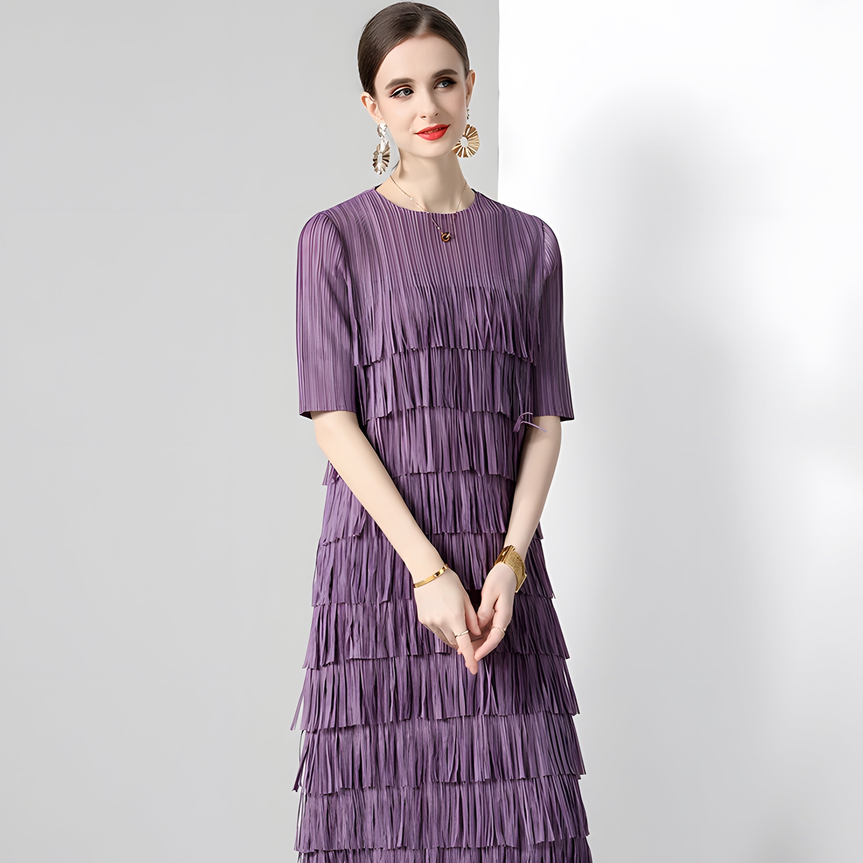 Multitier Fringe Stretchable Free Size Party Violet Dress - 764154489541_ZY_VIO