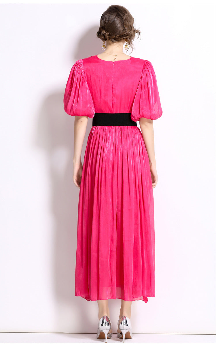 Glossy Pearlescent Chiffon Satin Fabric Lantern Sleeve Rose Red Dress with Belt - 826597659866_BAS