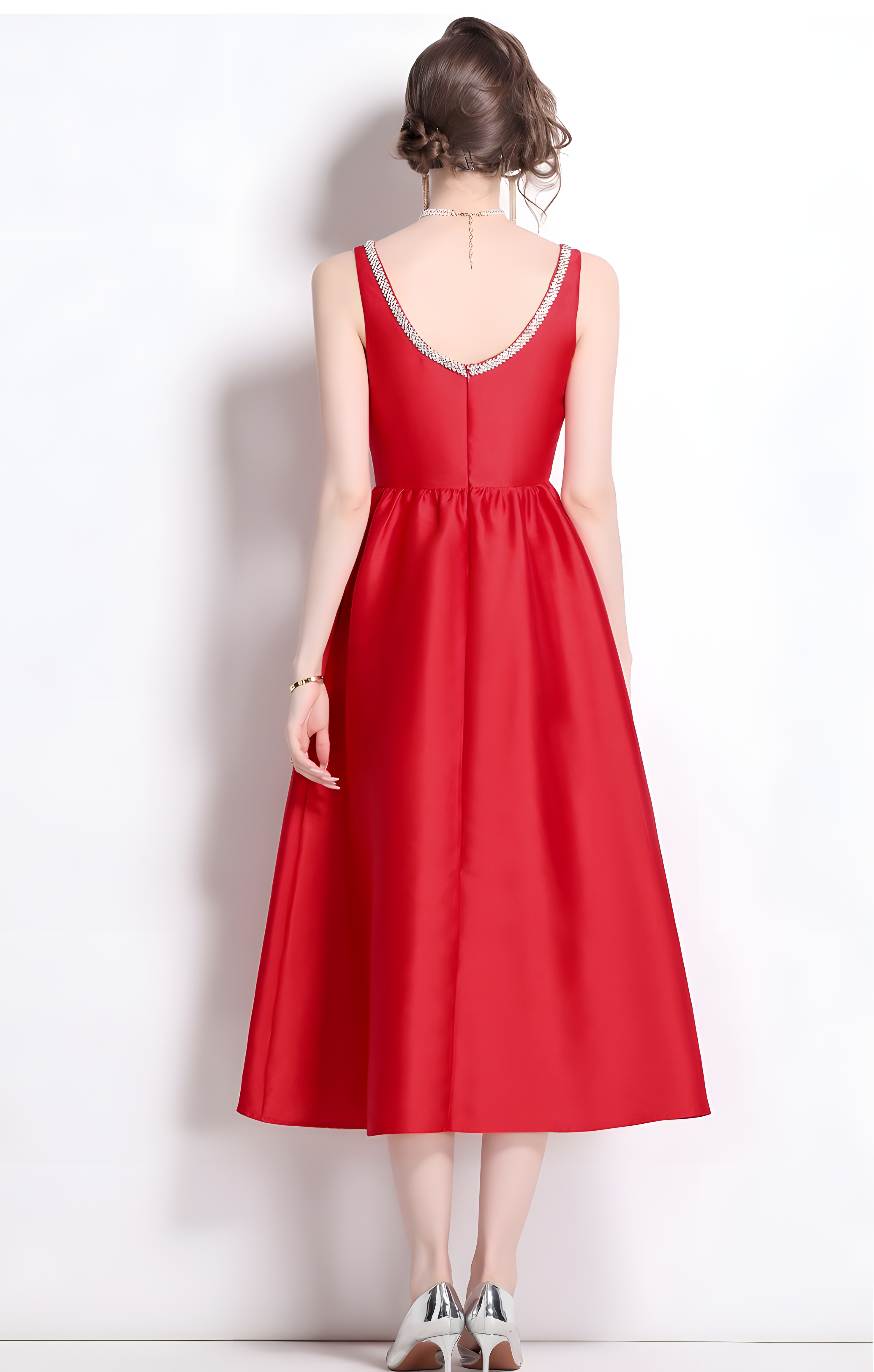 Fitted Vest Armhole Dart Red Satin Dress With Jewel Embellished Neckline - 816757242555_BAS