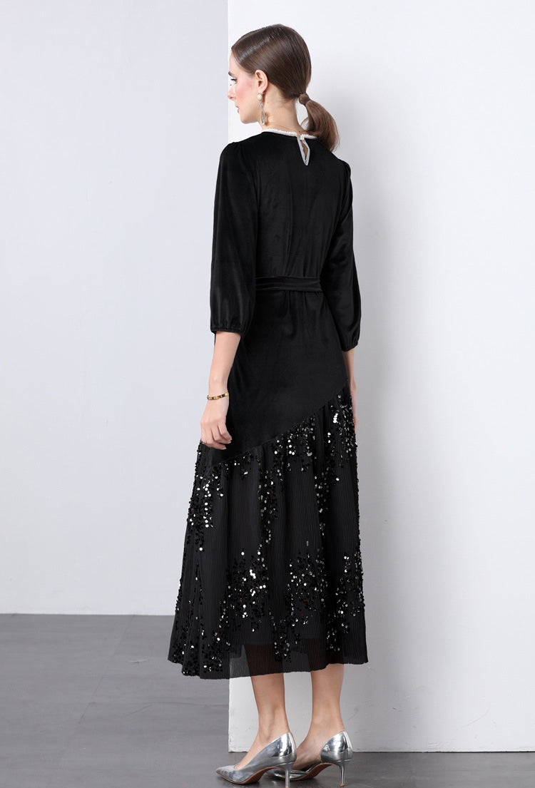 Velvet Mesh and Sequin Embellished Dress - 855932949530_BLACK