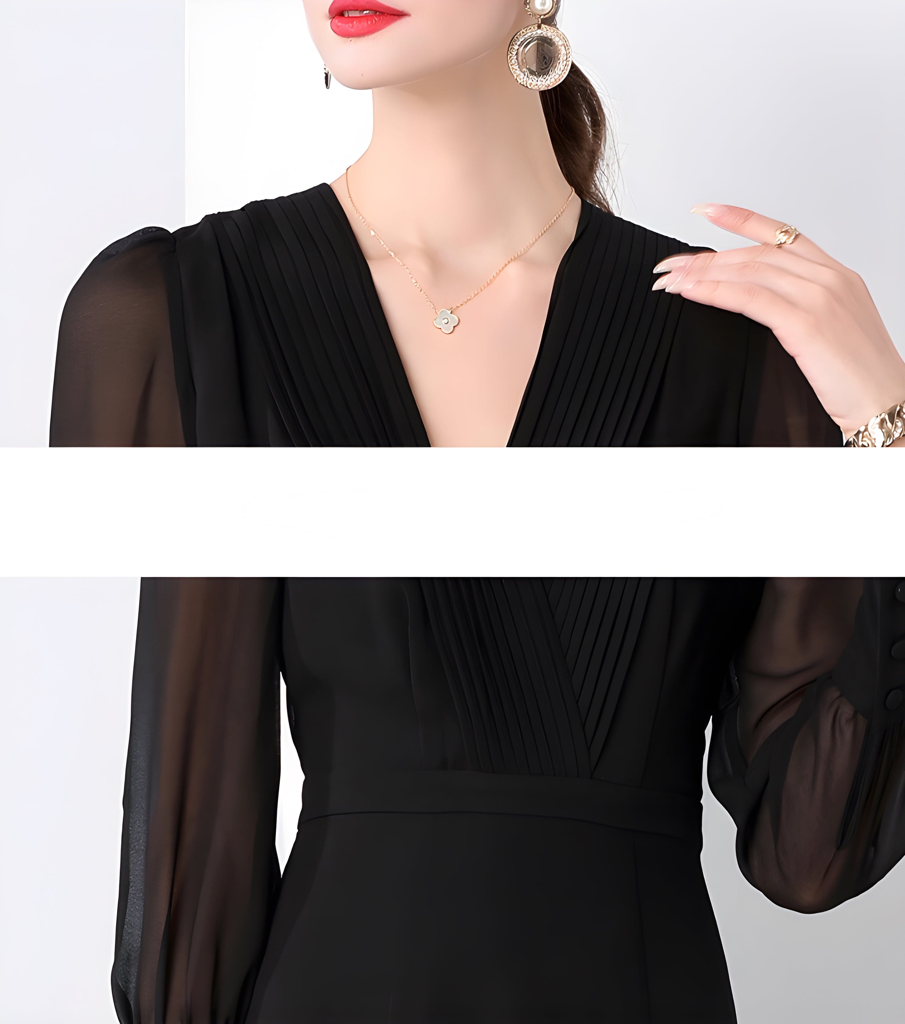 Lantern Sleeve Chiffon Dress with Pleated Bust and Box Pleat Skirt - 833900044434_BLA