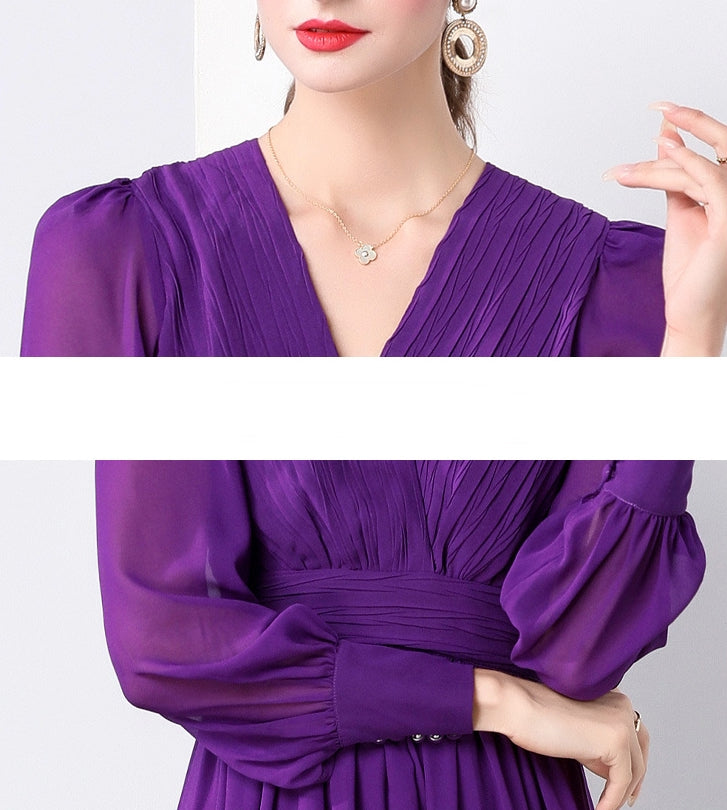 Lantern Sleeve Heat Set Pleated Bust Detailing V-Neck Chiffon Dress - 833281815952_PUR