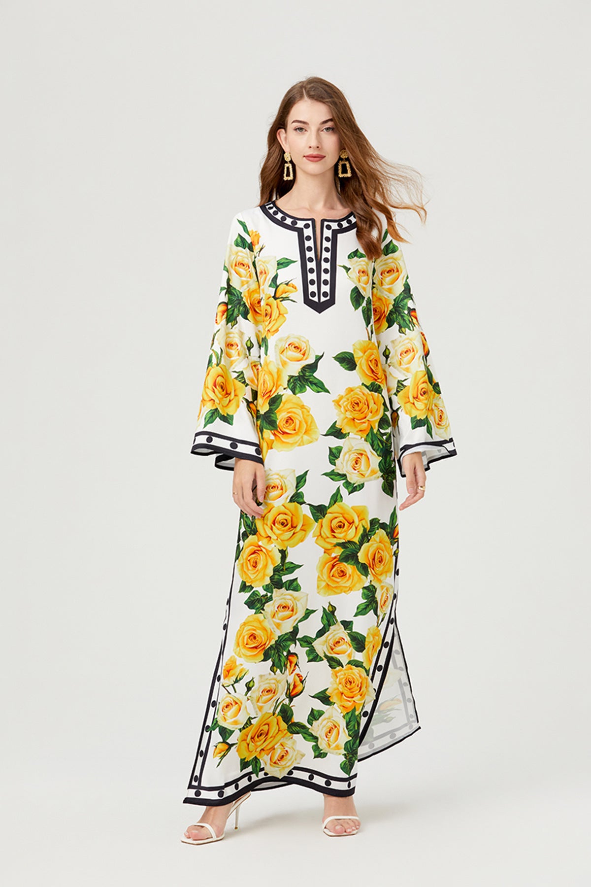 Golden Bloom Kaftan Black Dress with Vibrant Yellow Rose Floral Pattern - 818939592219_BLA