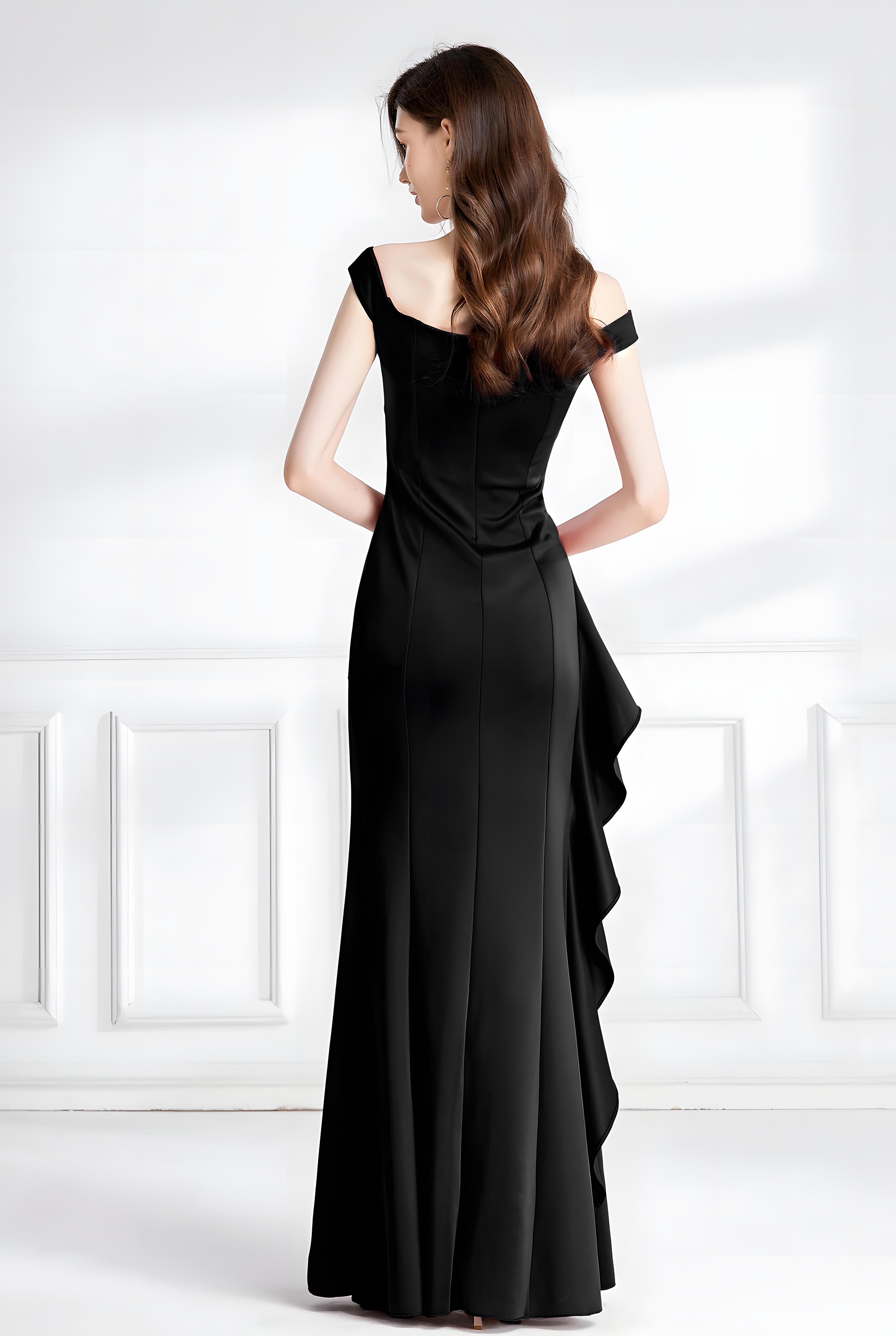 Black Satin Off-Shoulder Gown with Draped Bow and Asymmetrical Ruffle - 745673048813_BLA