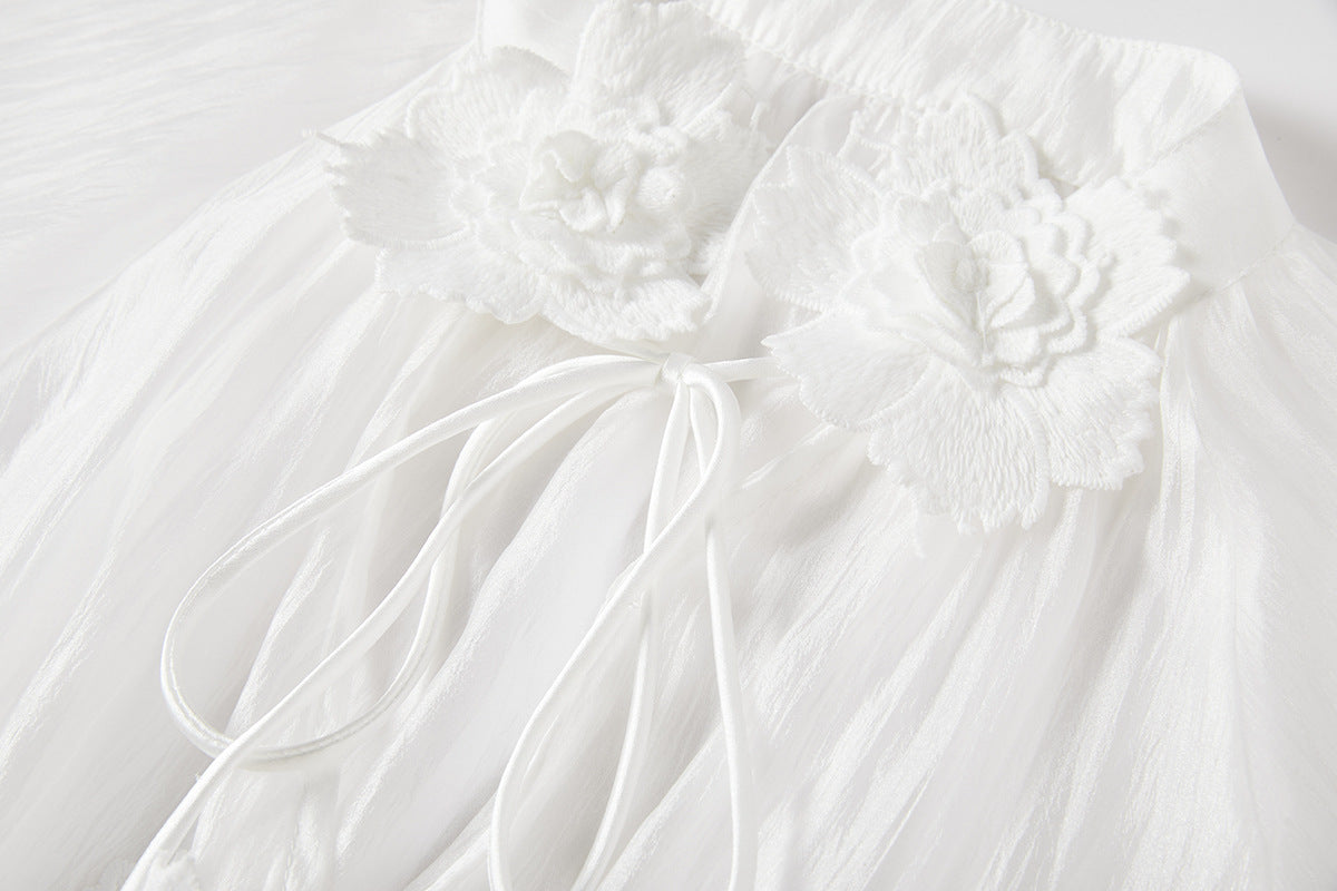 French Lace Floral Embellished Maxi Beach Dress with Lace Eyelash Sling And Bottoming Skirt - 834067027238