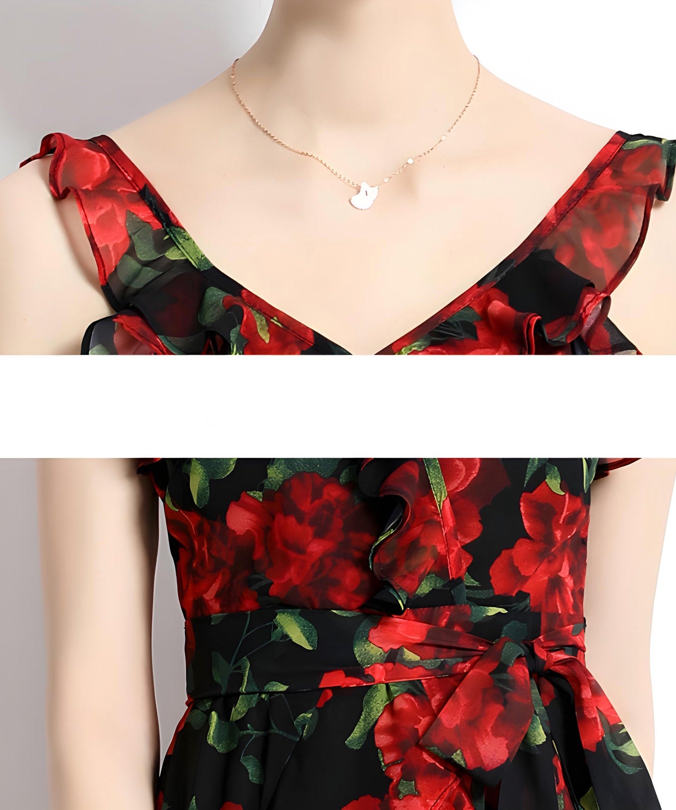 Printed Chiffon Floral Long Skirt Beach Vacation Suspender Dress With Wrap Up Belt - 715132626392_BAS