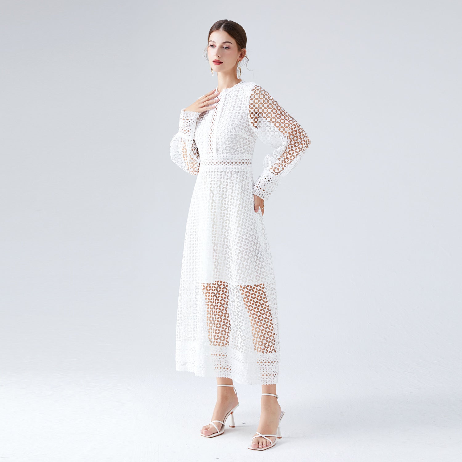 French Crochet Lace High Neck Lantern Sleeve White Dress - 735550461594_WHI