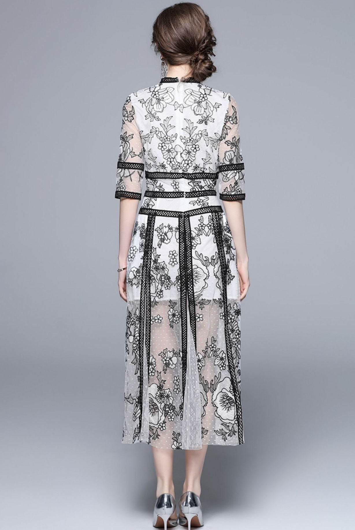 Embroidered Polka Dot Mesh and Lace White Black Dress  - 833884552896_BAS