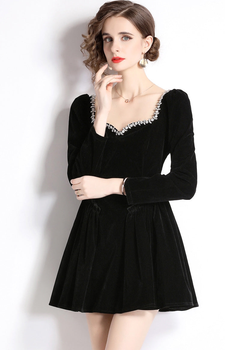 Black Short Velvet Dress With Ruched Waist And Jewelled Sweetheart Neckline - 735628352228_BLA