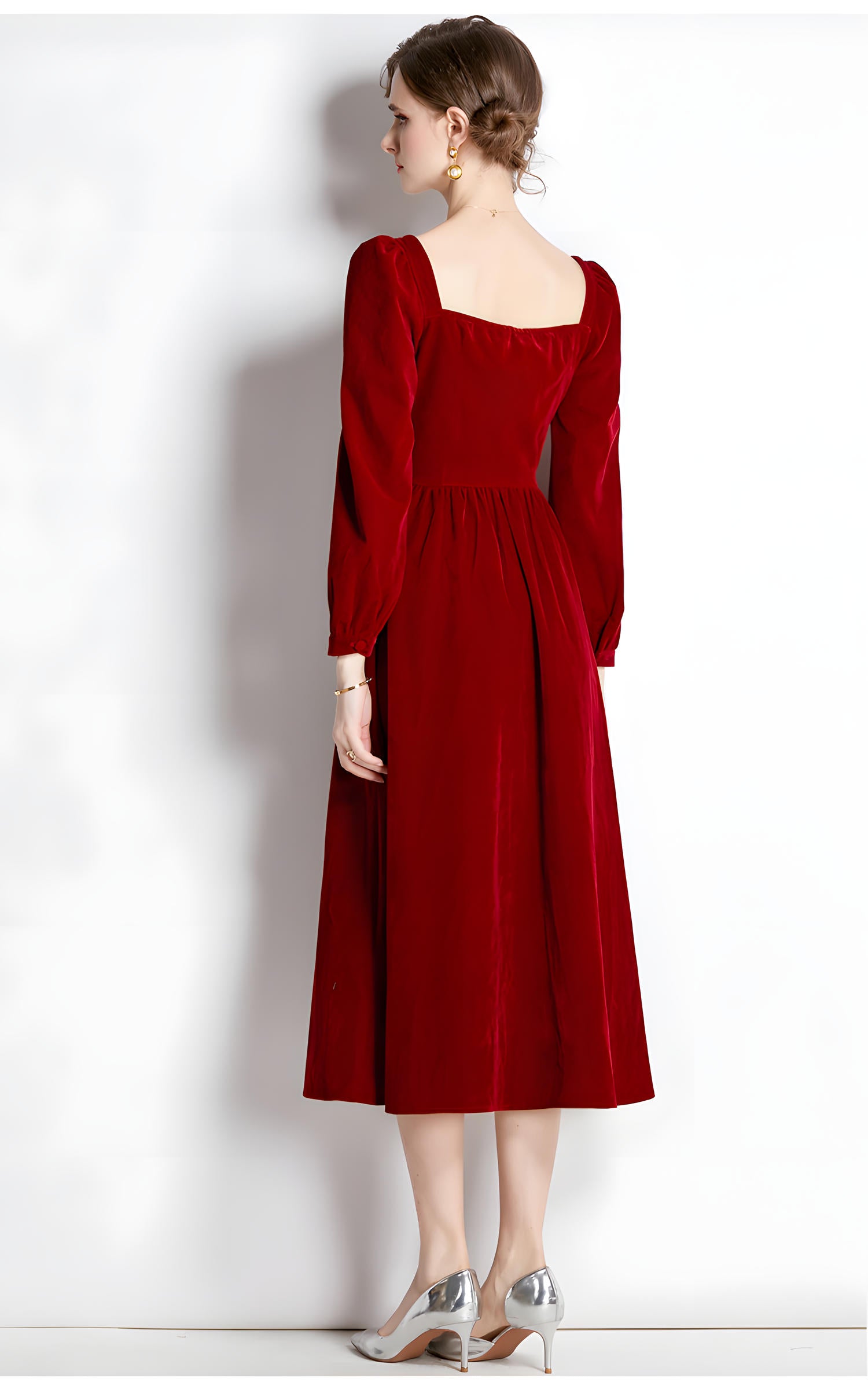 French Retro Sweetheart Neckline Corset Top Full Sleeves Pleated Skirt Velvet Scarlet Dress - 687113837683_SCA