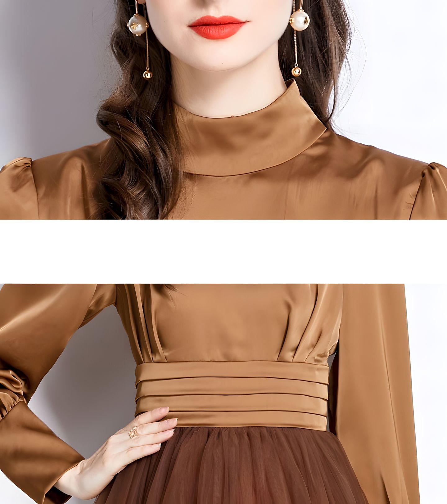 Stand Collar Pleated Vest Satin Blouse Mesh Skirt One Piece Russet Color Dress - 742117387610_BAS