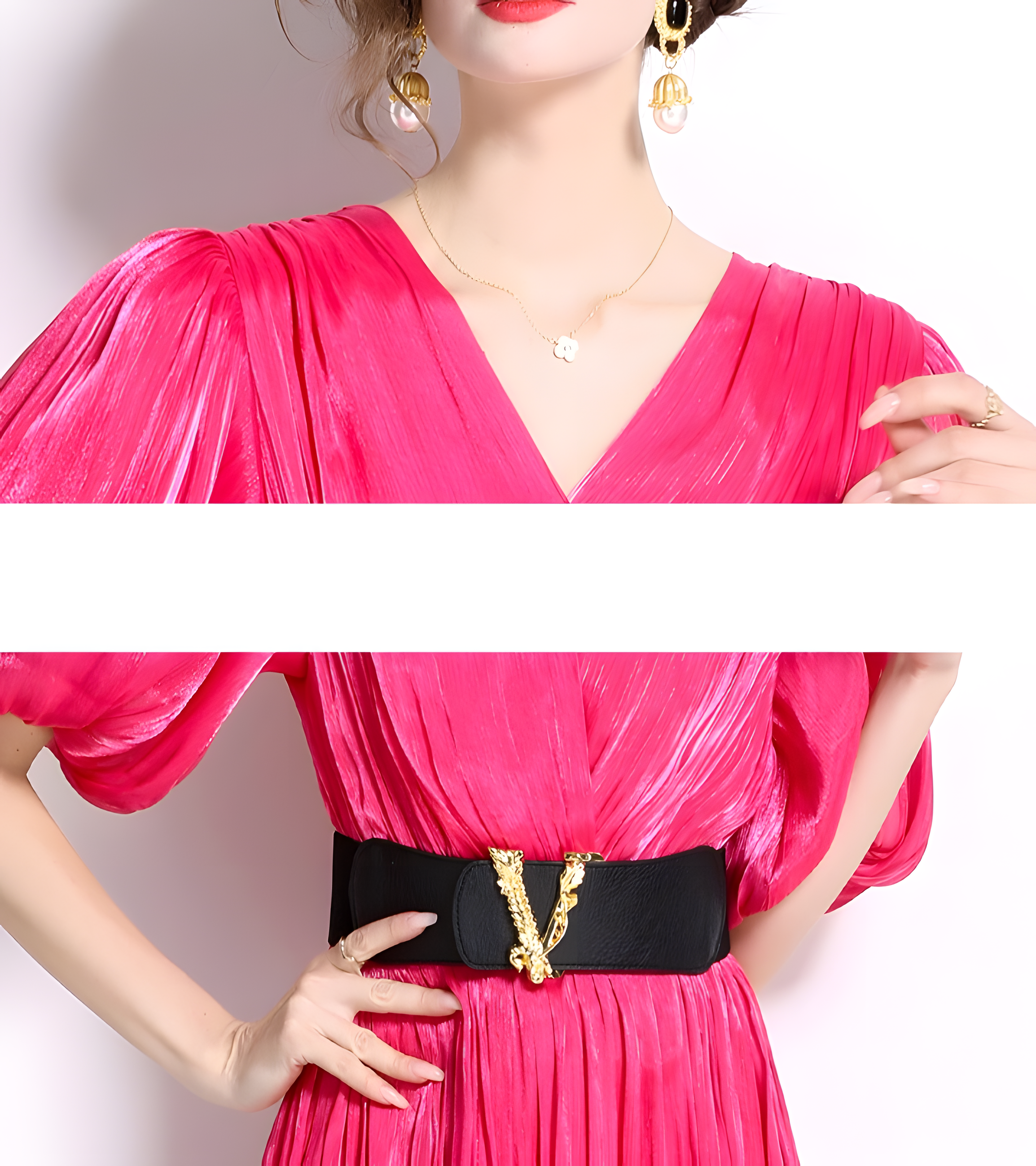Glossy Pearlescent Chiffon Satin Fabric Lantern Sleeve Rose Red Dress with Belt - 826597659866_BAS