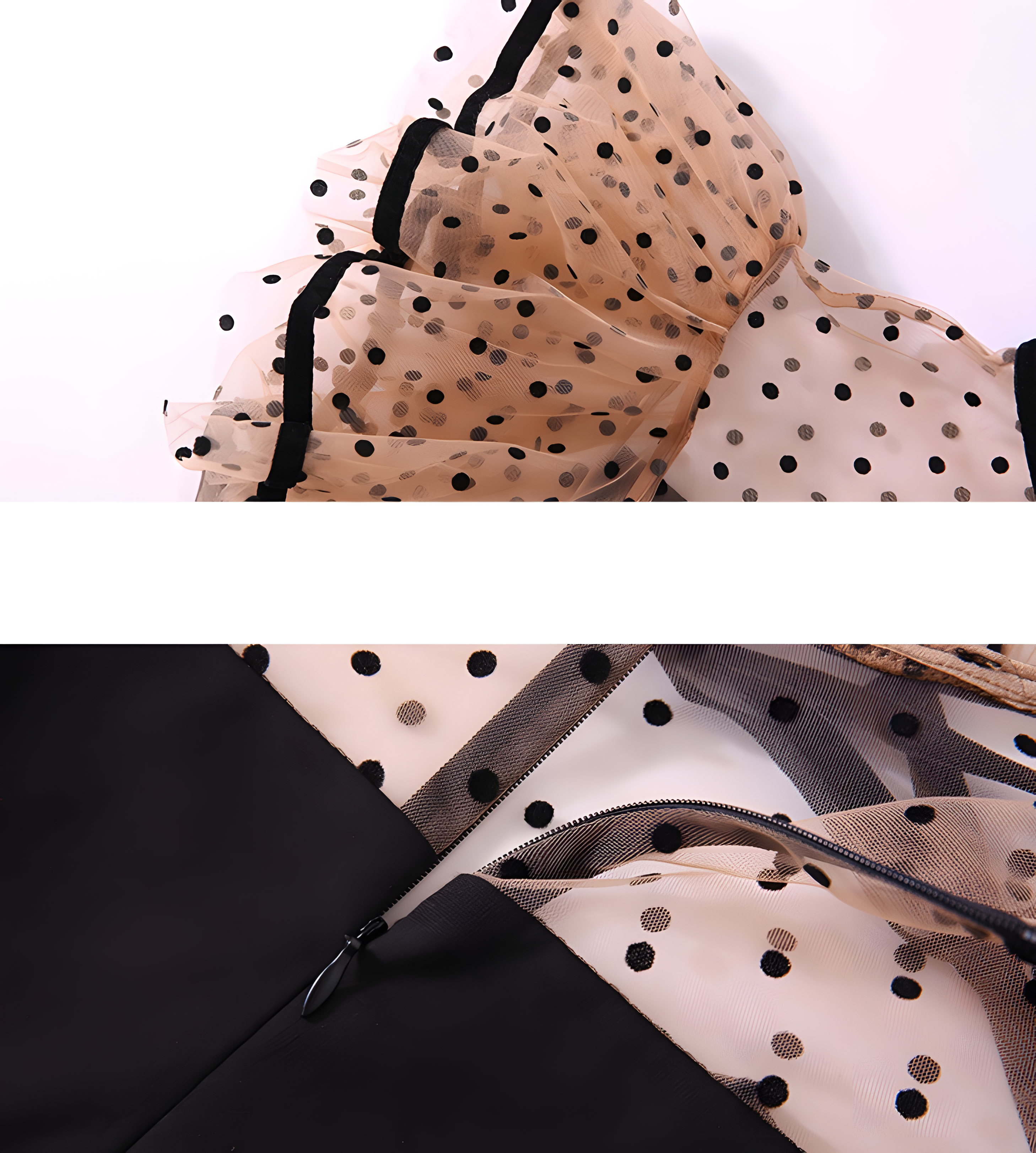 Butterfly Sleeve Satin Neck Bow Tie High Neck Polka Dot Mesh Black Sheath Dress - 618102369324_BAS