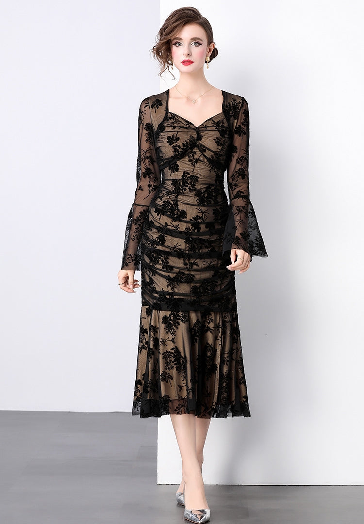 Fishtail Body-fit Ruched Full Sleeve Khaki Dress - 847852554211_BLACK