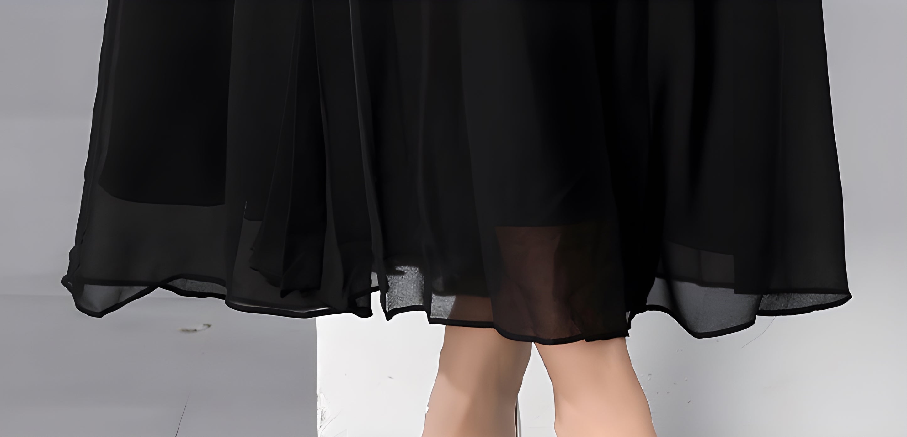 Lantern Sleeve Chiffon Dress with Pleated Bust and Box Pleat Skirt - 833900044434_BLA