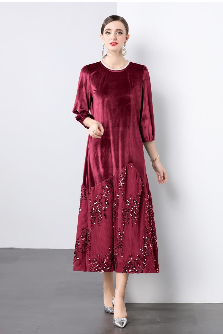 Velvet Mesh and Sequin Embellished Dress - 855932949530_CLARET