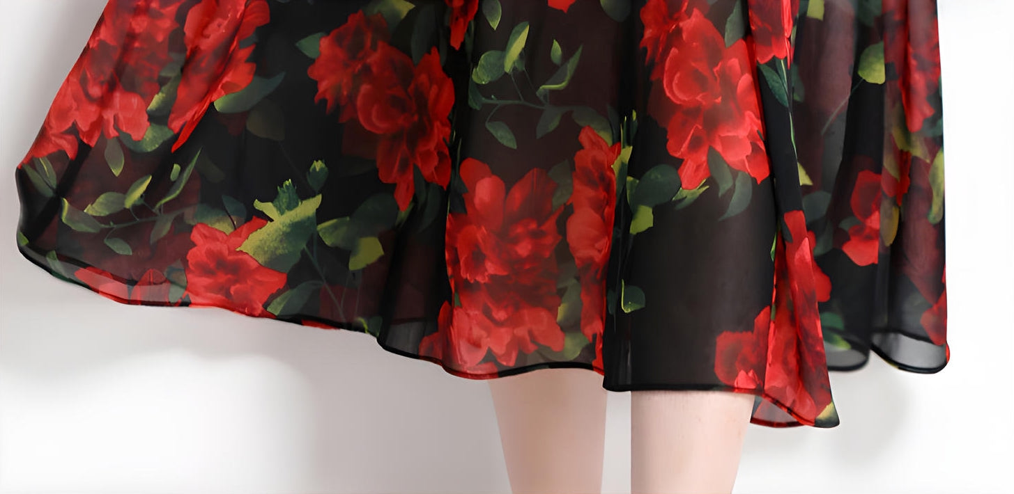 Printed Chiffon Floral Long Skirt Beach Vacation Suspender Dress With Wrap Up Belt - 715132626392_BAS