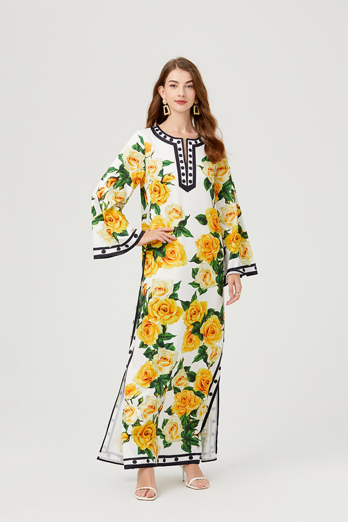Golden Bloom Kaftan Black Dress with Vibrant Yellow Rose Floral Pattern - 818939592219_BLA