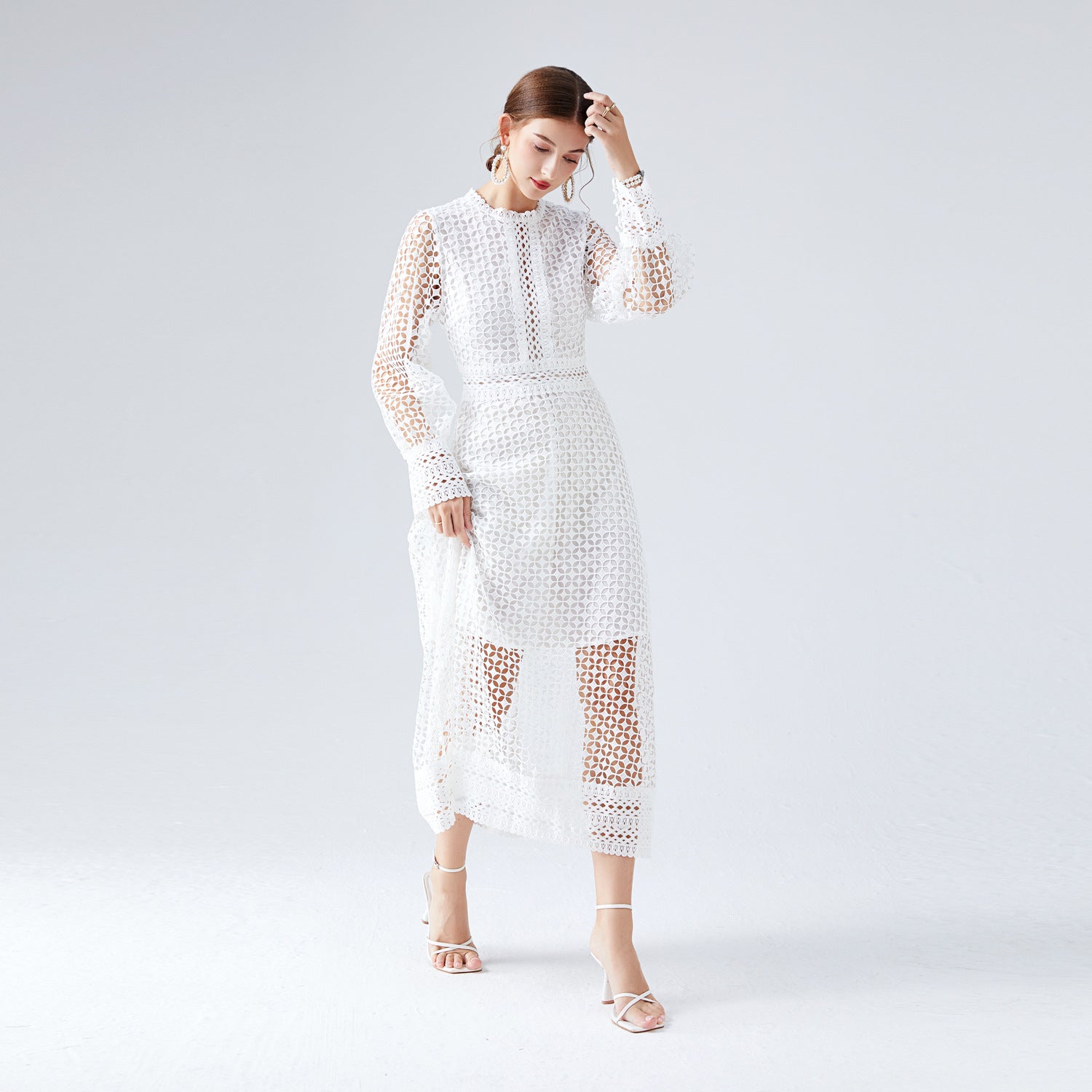 French Crochet Lace High Neck Lantern Sleeve White Dress - 735550461594_WHI