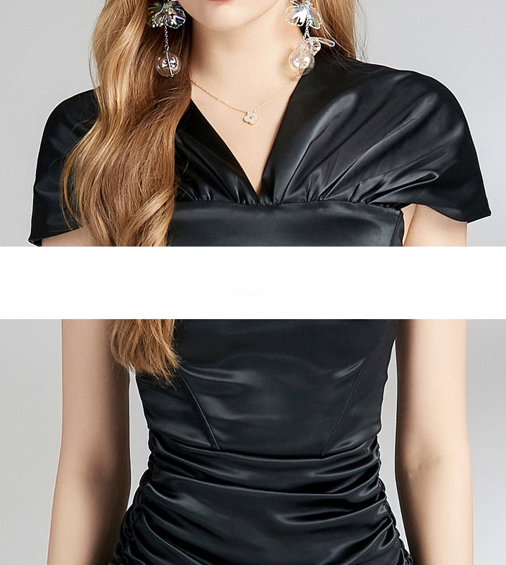 Black Satin Corset with Draped Handkerchief Skirt Dress - 788180837044_BLA