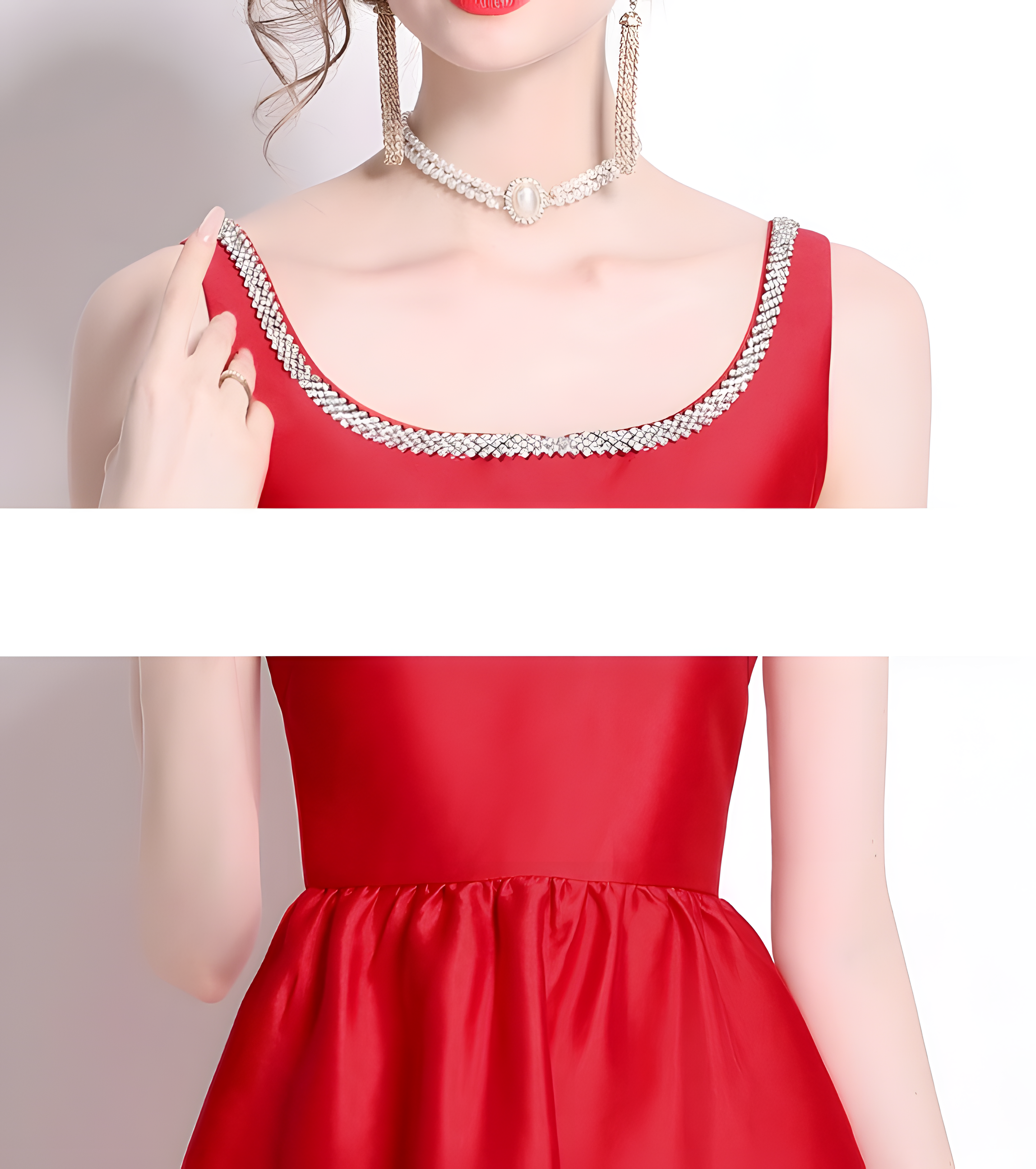 Fitted Vest Armhole Dart Red Satin Dress With Jewel Embellished Neckline - 816757242555_BAS