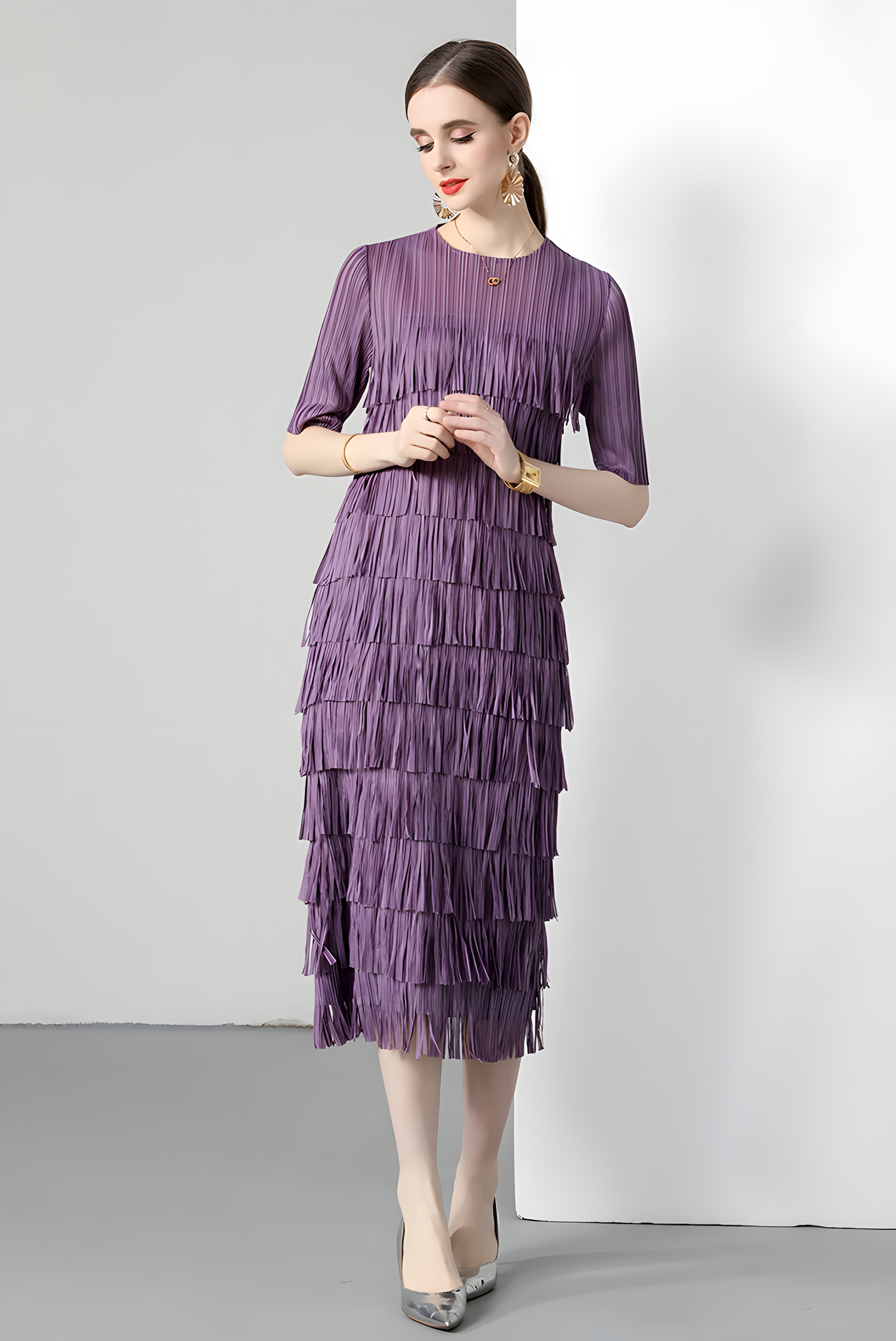 Multitier Fringe Stretchable Free Size Party Violet Dress - 764154489541_ZY_VIO