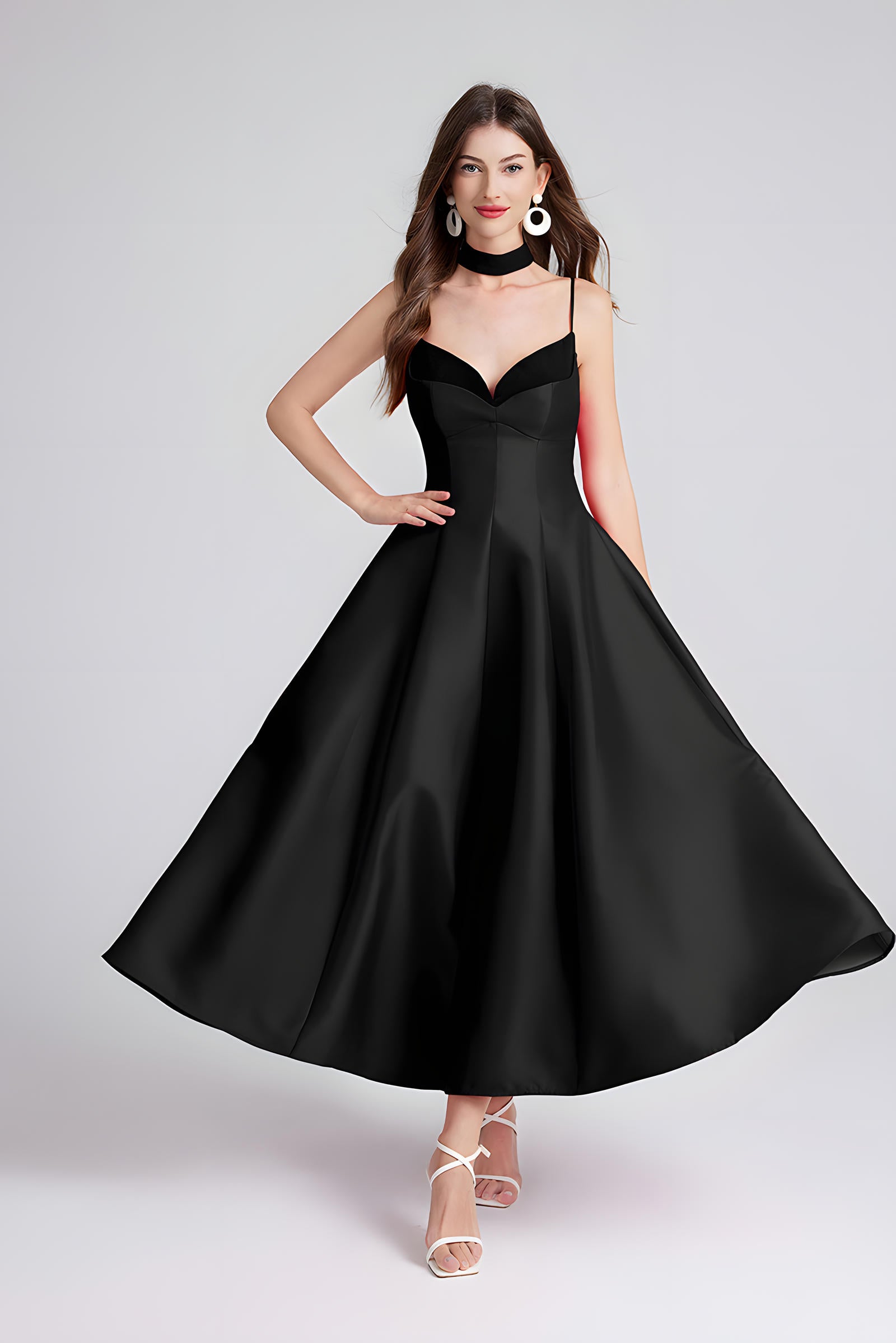 Sweetheart Neckline Black Party Satin Dress with a Hepburn-Style Skirt Fitted Bodice and Neck Band - 800116697016_BLA