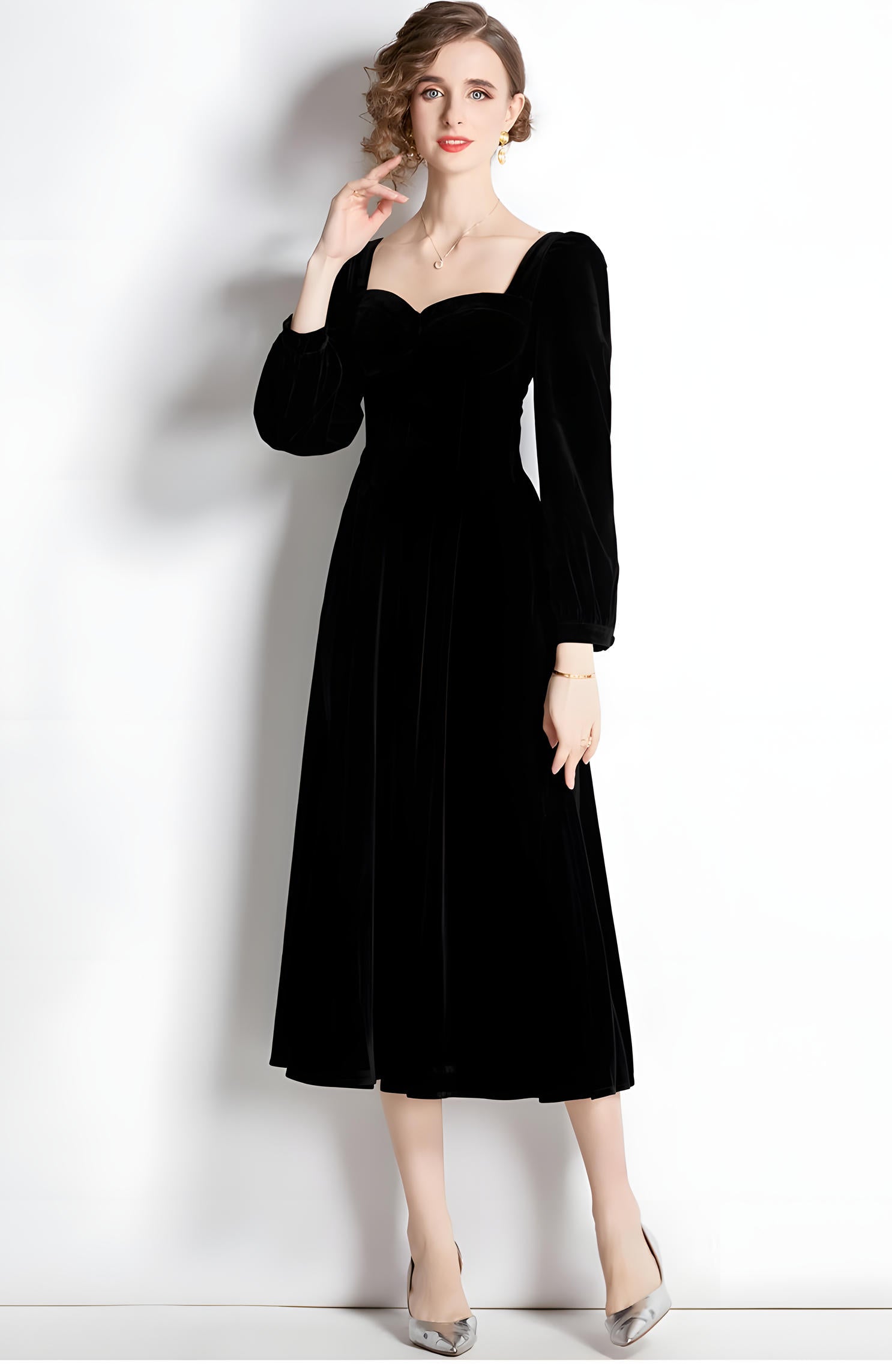 French Retro Sweetheart Neckline Corset Top Full Sleeves Pleated Skirt Velvet Black Dress - 687113837683_BLA