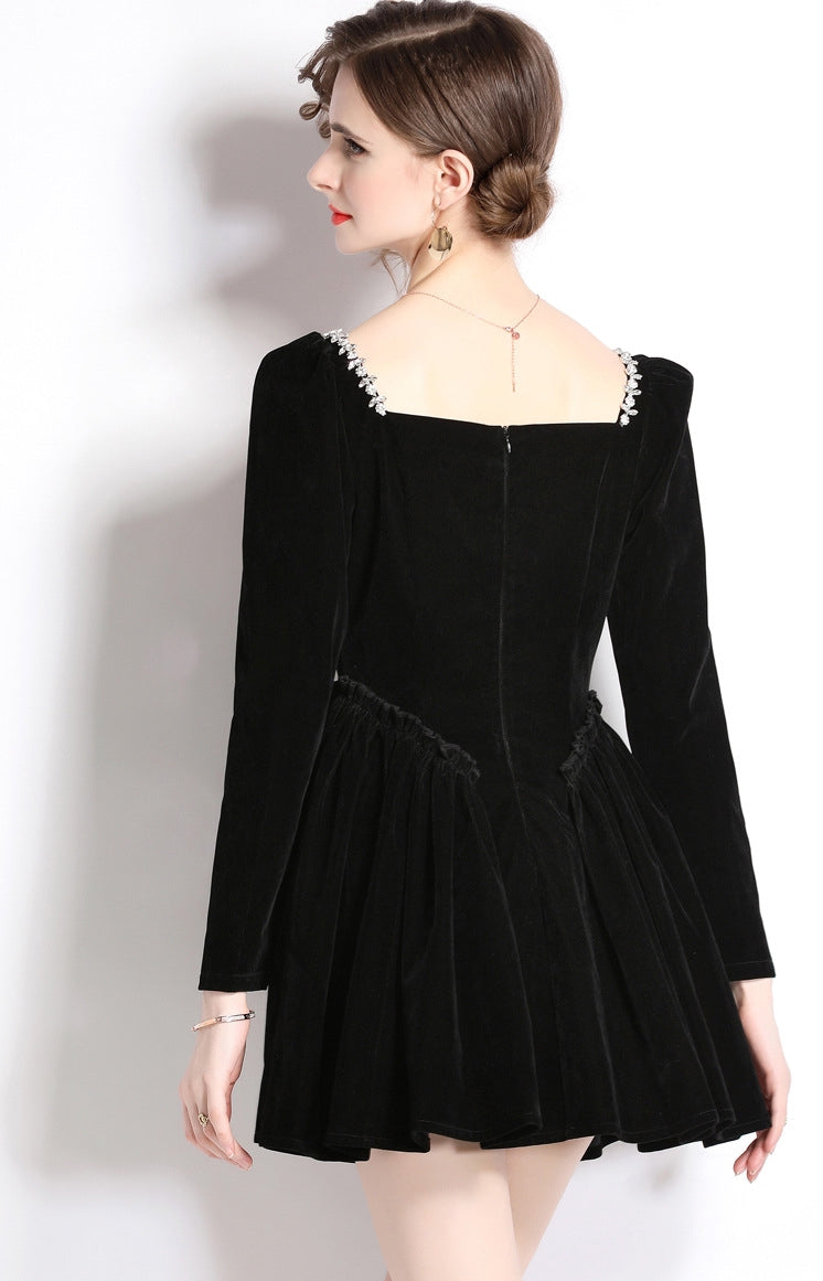 Black Short Velvet Dress With Ruched Waist And Jewelled Sweetheart Neckline - 735628352228_BLA