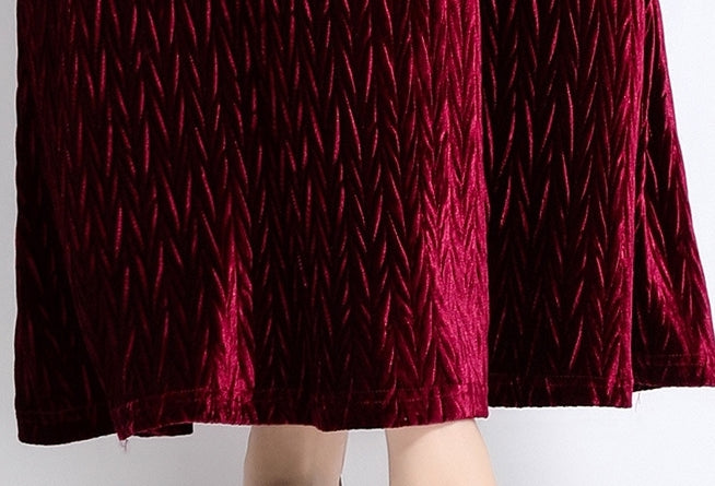 Diamond Embellished Heat Set Self Texture Velvet Dress - 855961209321_CLARET