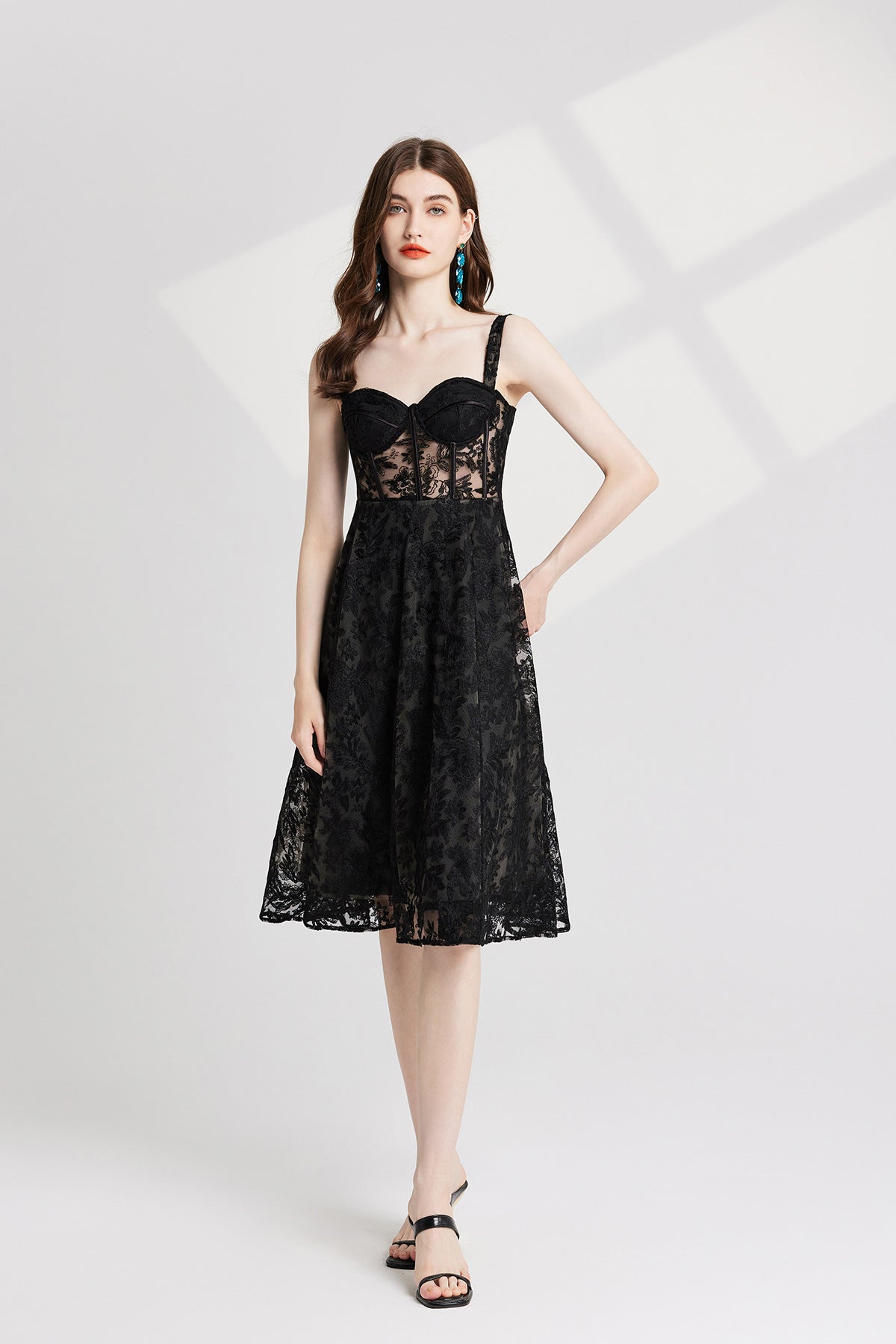 Black Lace Garden Dress with Heavy Embroidered Mesh Flocking and Corset Top - 821764686977_BLA