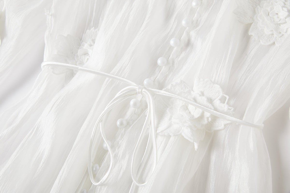 French Lace Floral Embellished Maxi Beach Dress with Lace Eyelash Sling And Bottoming Skirt - 834067027238