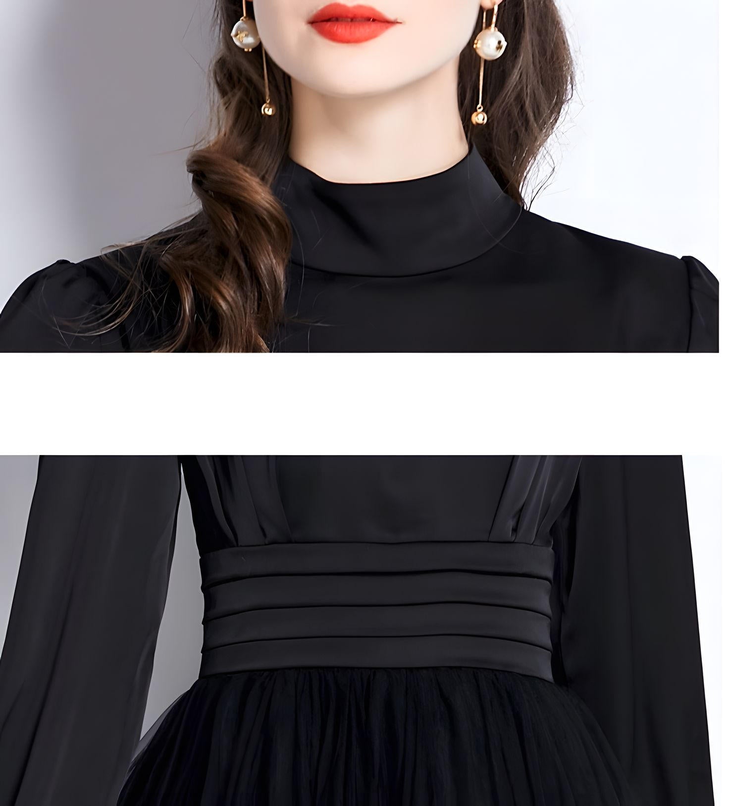 Stand Collar Pleated Vest Satin Blouse Mesh Skirt One Piece Black Dress - 741913477593_BAS