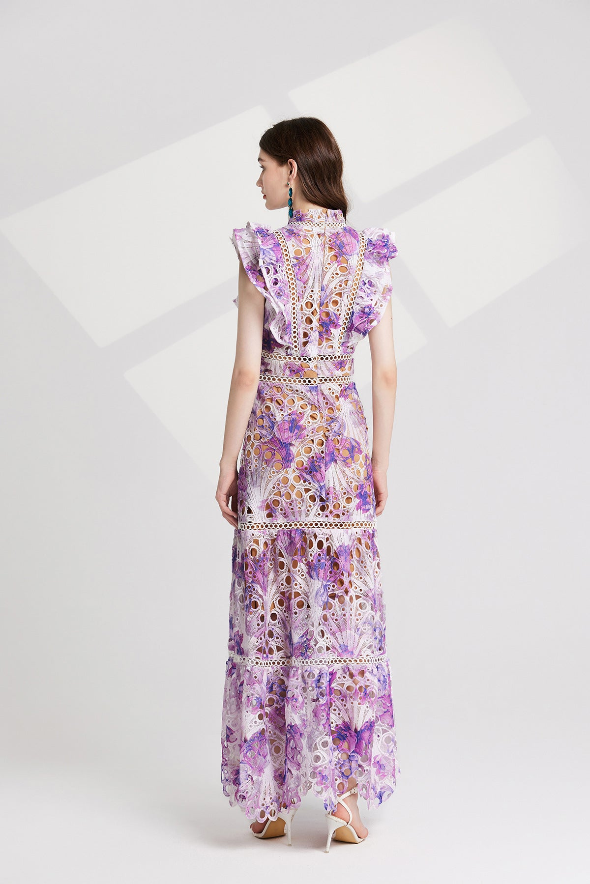 Luxury French Lace Purple Long Dress With Flutter Sleeve - 827491131616_PUR