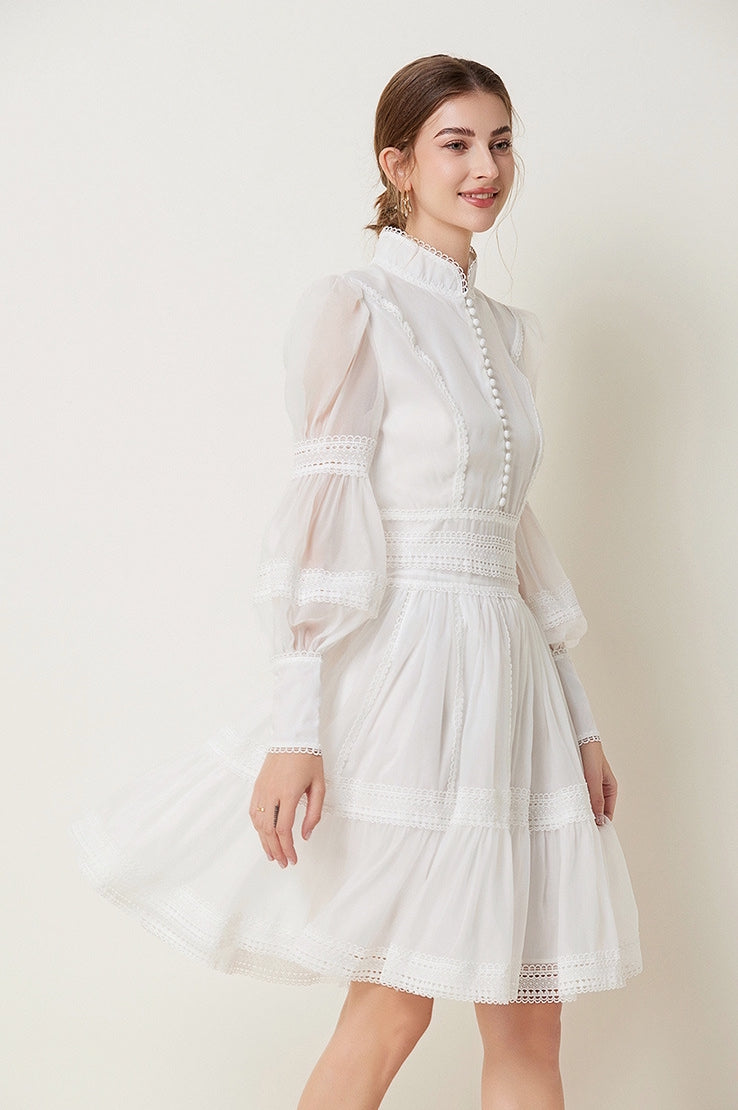 Lace Cascade Short Dress - 843851263446_WHITE