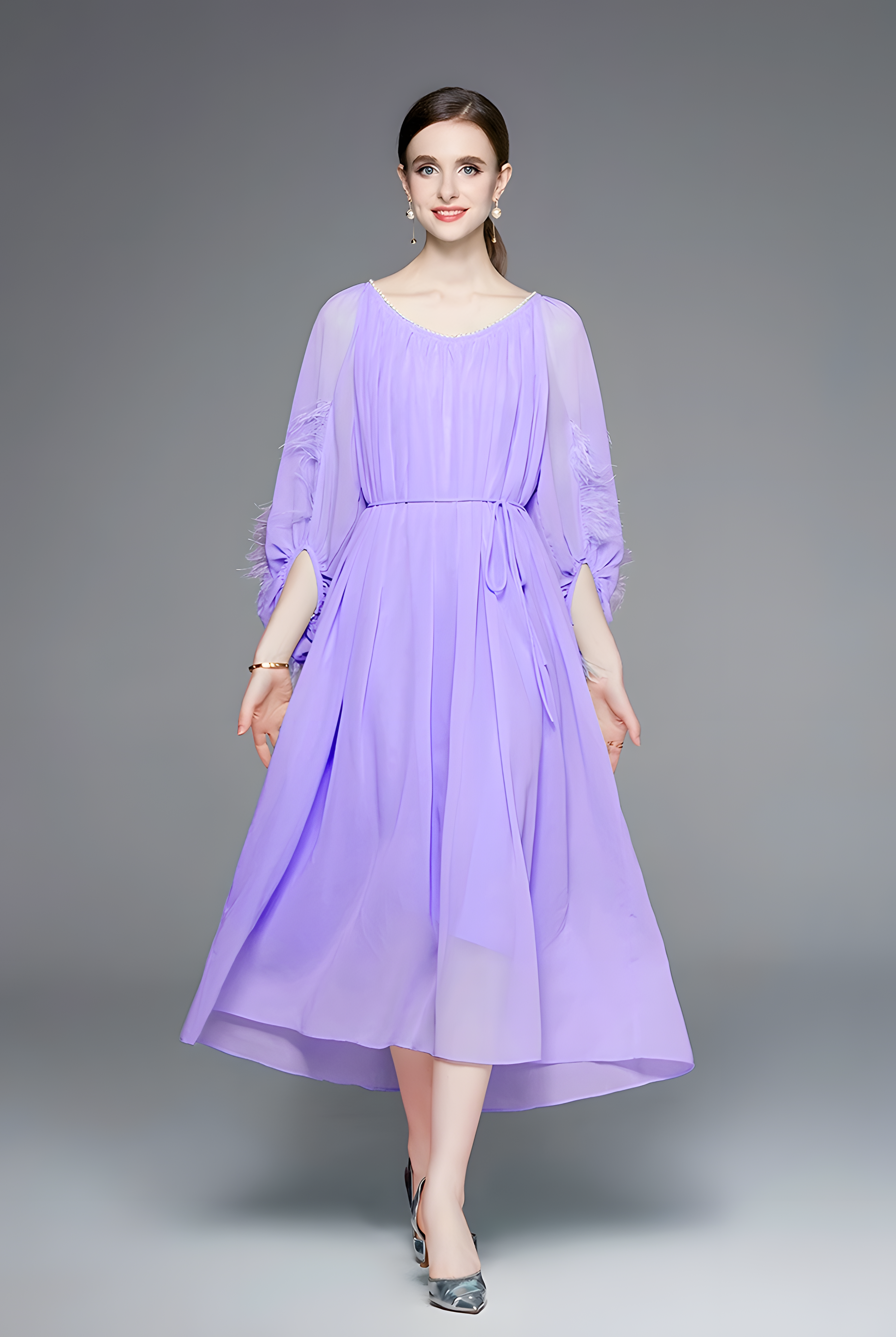 Lavender Dress with Feather-Embellished Sleeves and Pearl-Embellished Neckline - 800342769079_VIO