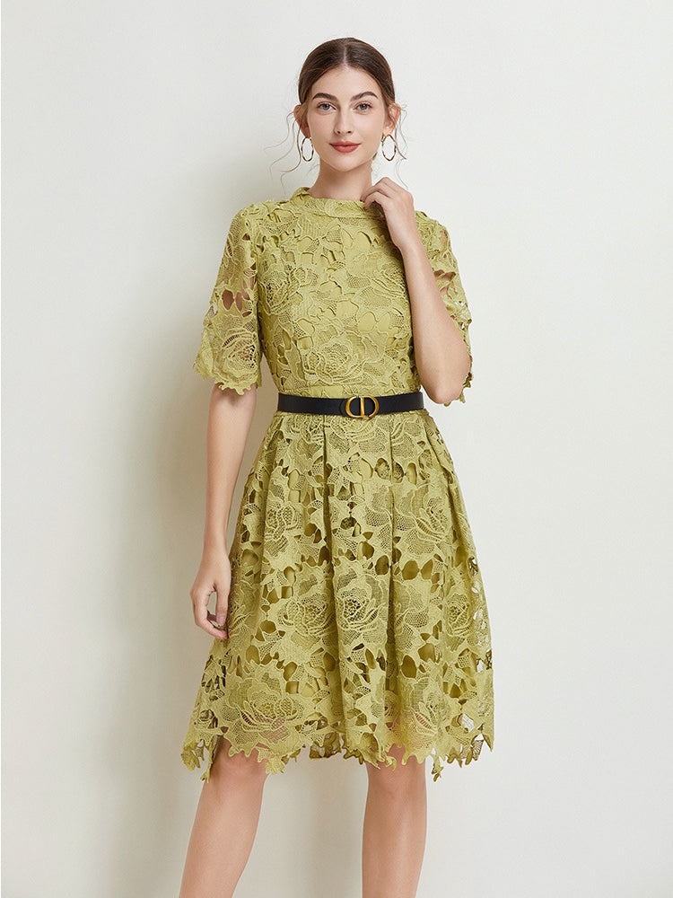 French Lace high Neck Short Dress With Belt - 812368811391_GRE