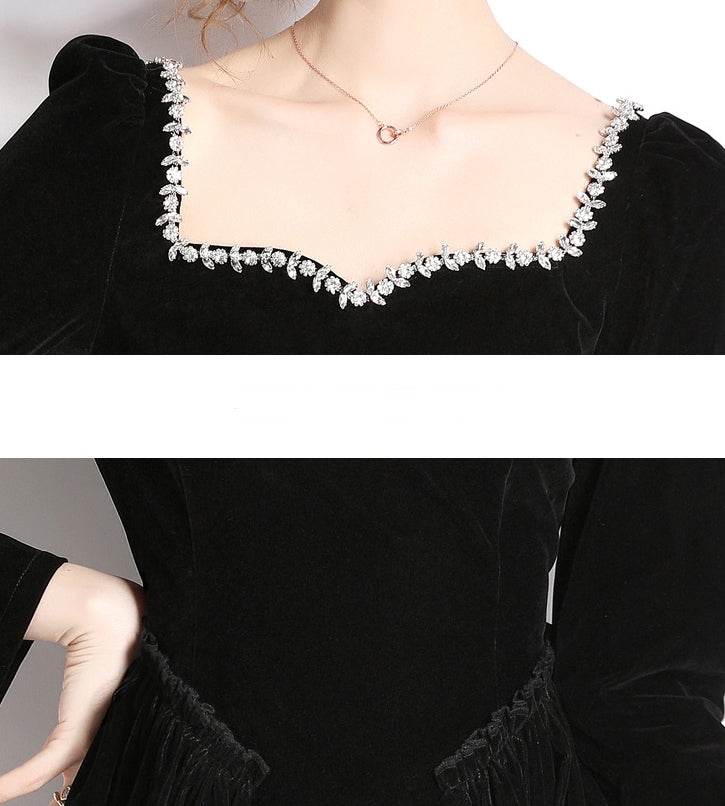 Black Short Velvet Dress With Ruched Waist And Jewelled Sweetheart Neckline - 735628352228_BLA