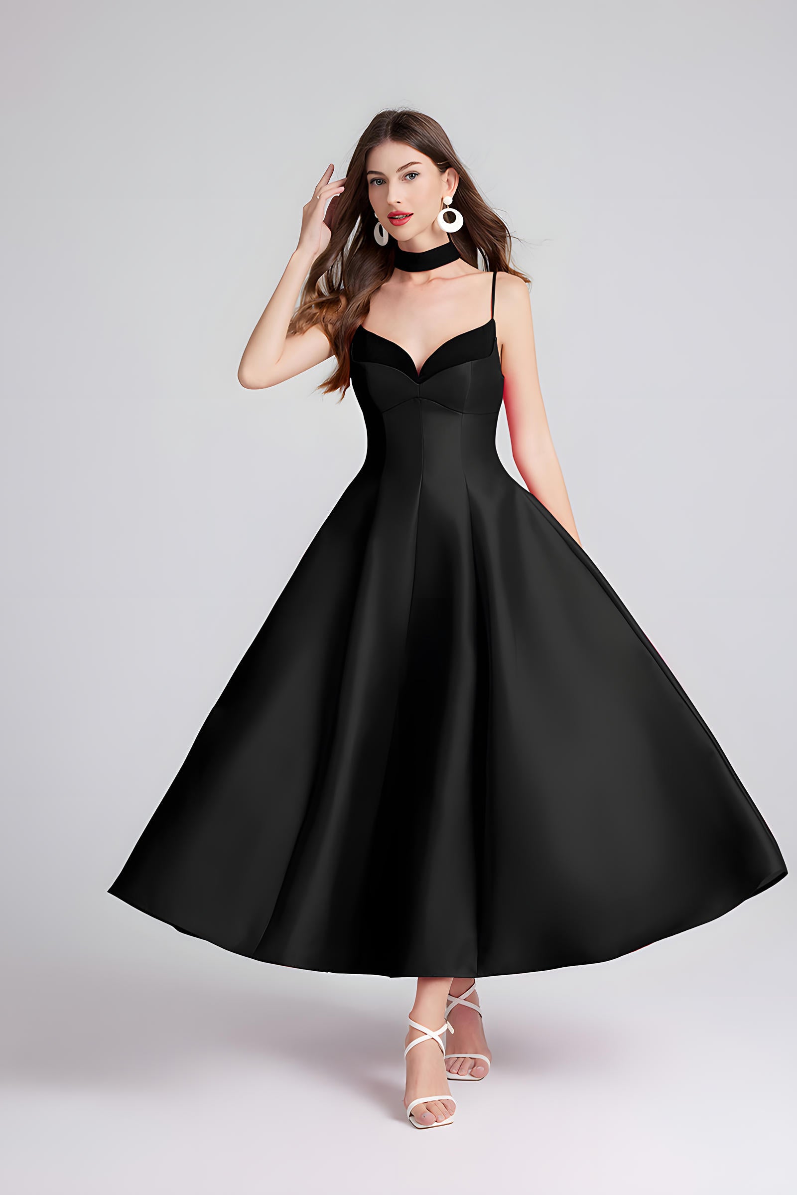 Sweetheart Neckline Black Party Satin Dress with a Hepburn-Style Skirt Fitted Bodice and Neck Band - 800116697016_BLA