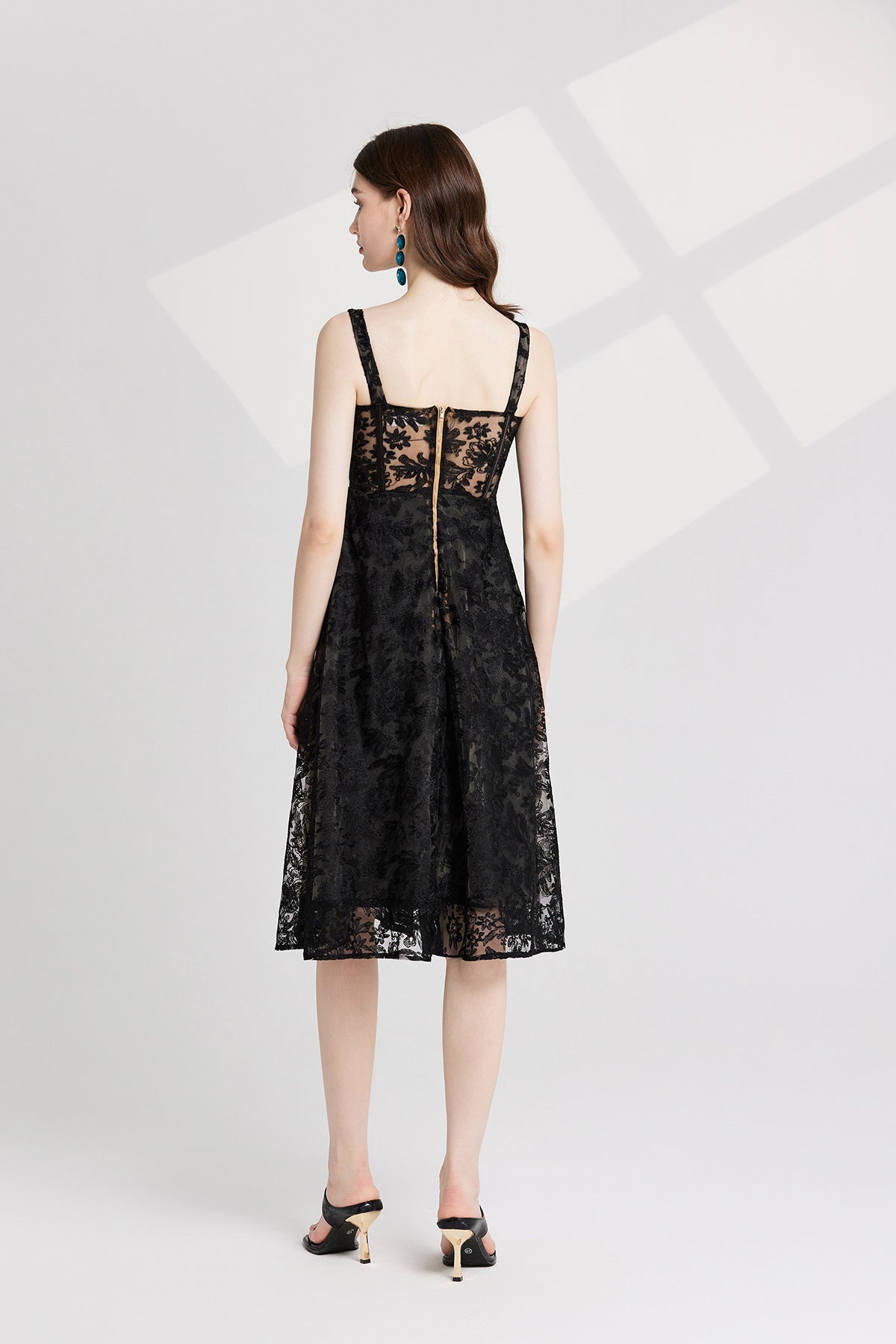 Black Lace Garden Dress with Heavy Embroidered Mesh Flocking and Corset Top - 821764686977_BLA