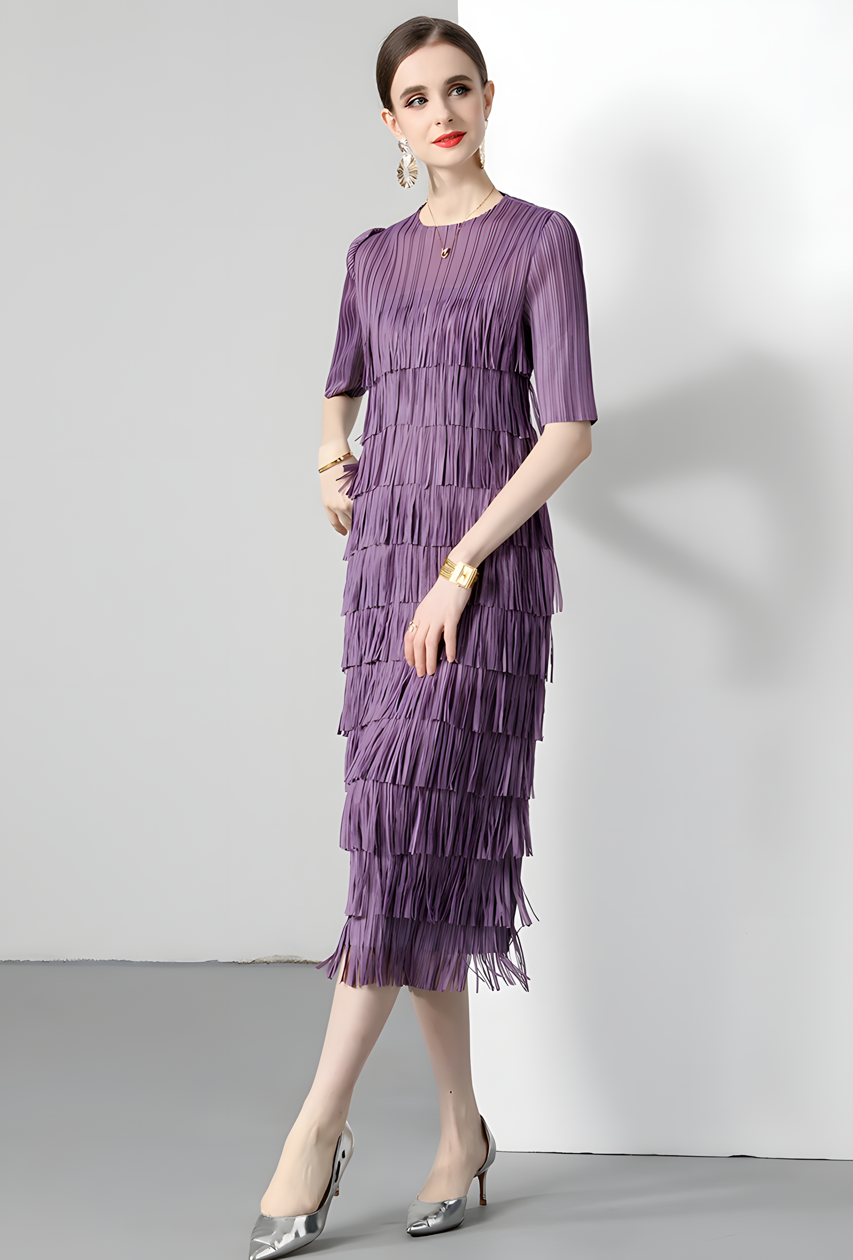 Multitier Fringe Stretchable Free Size Party Violet Dress - 764154489541_ZY_VIO